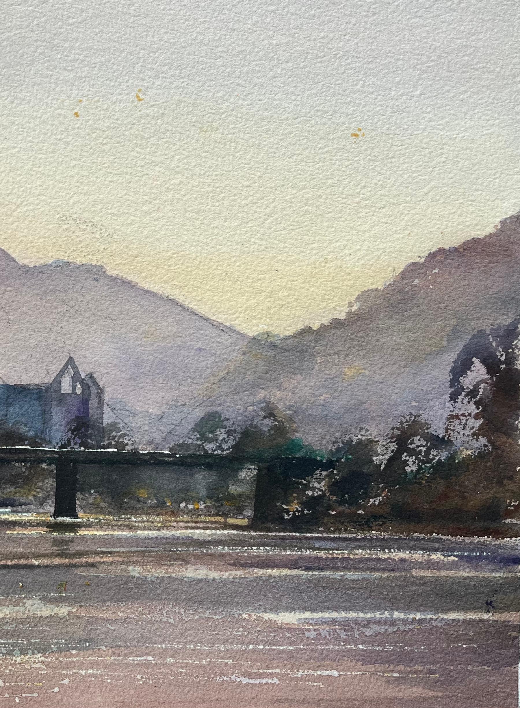 Title: British Impressionist Watercolor of River and Distant Abbey
by Anthony Avery (British 1946-2023)
Original watercolor on artists paper, unframed
Dimensions: 11.25 x 15 inches (Height x Width)
Condition: Good 
Provenance: from a large