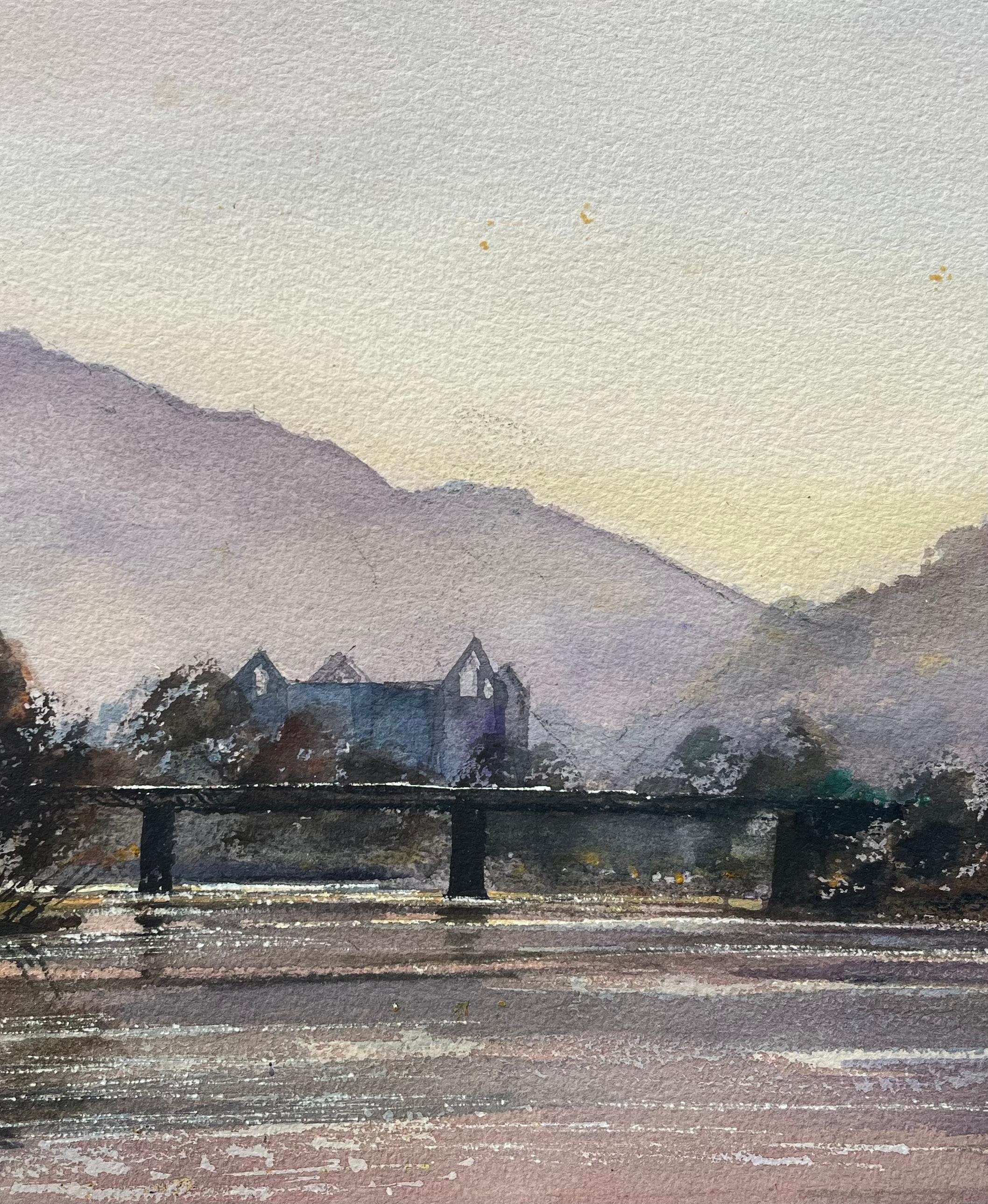 British Impressionist Watercolor of River and Distant Abbey For Sale 1