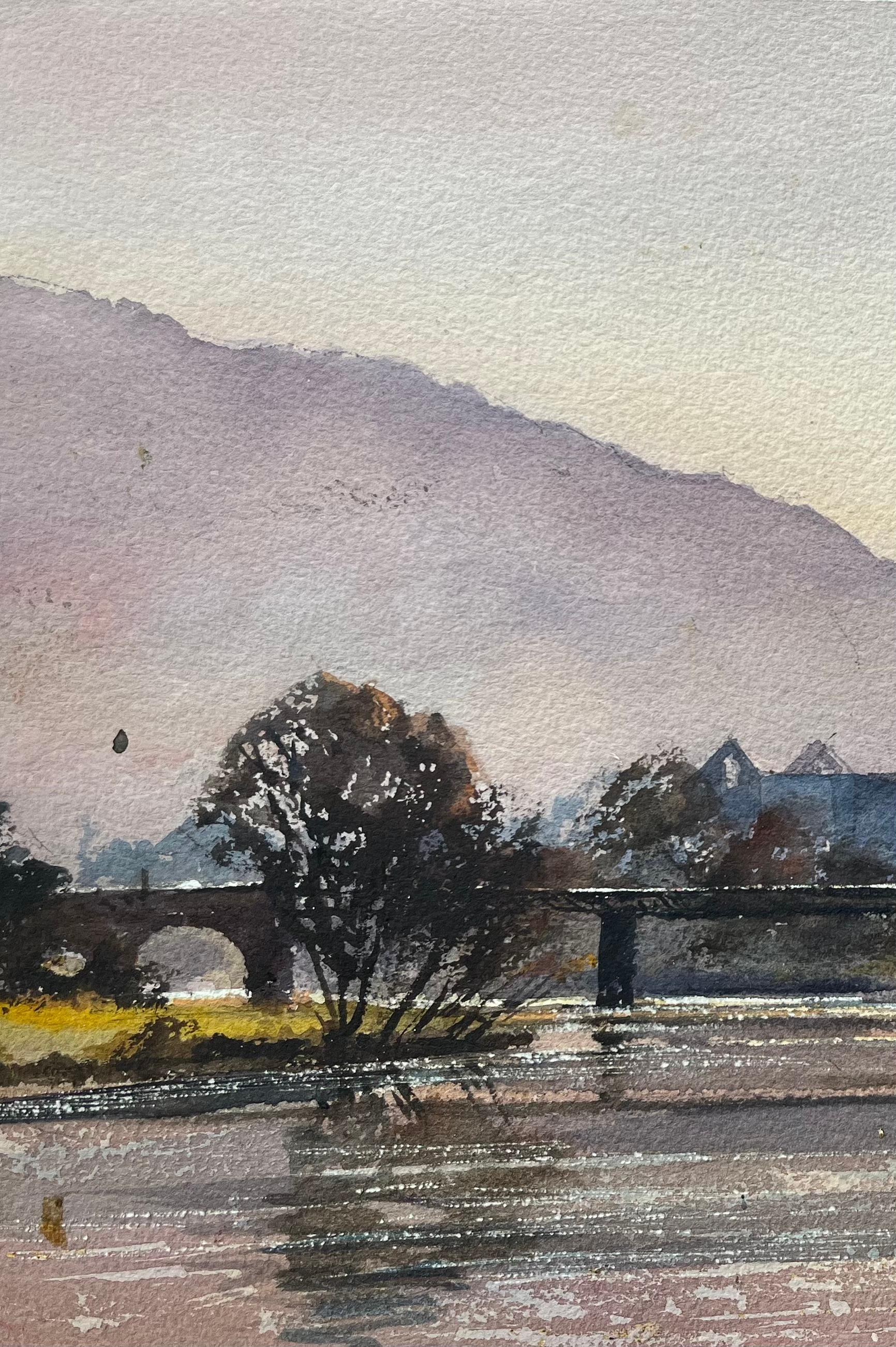 British Impressionist Watercolor of River and Distant Abbey For Sale 2