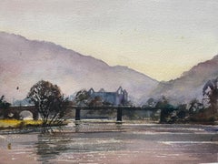 Acquerello impressionista britannico di fiume e abbazia lontana
