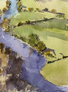 Acuarela impresionista británica de un río serpenteando por colinas onduladas