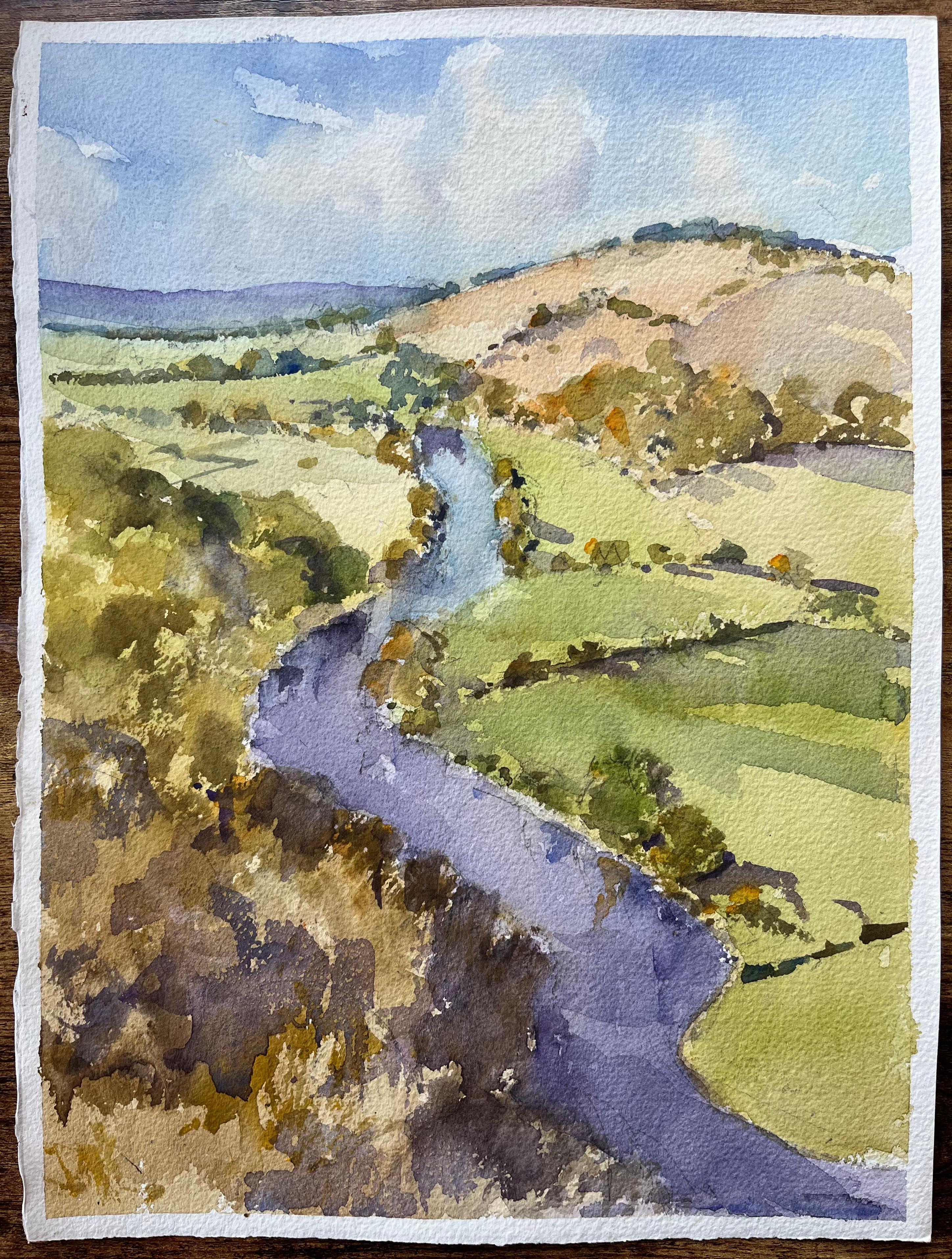 Title: British Impressionist Watercolor of River Winding Through Rolling Hills
by Anthony Avery (British 1946-2023)
Original watercolor on artists paper, unframed
Dimensions: 15 x 11.25 inches (Height x Width)
Condition: Good, with some minor signs