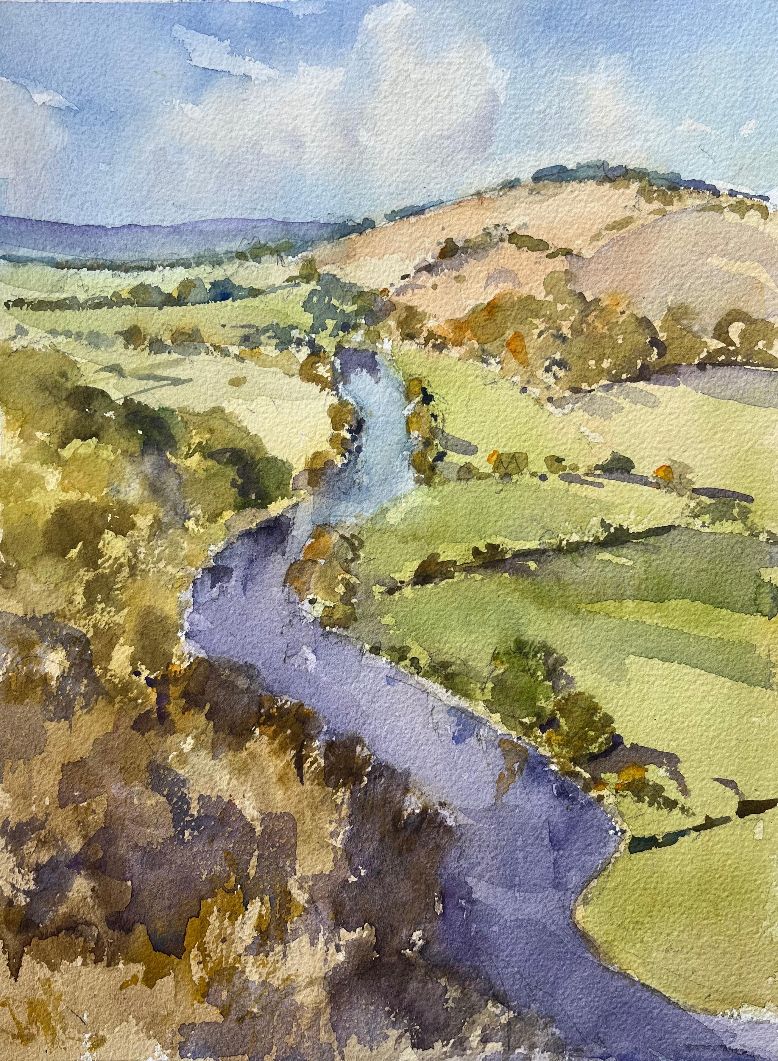 British Impressionist Watercolor of River Winding Through Rolling Hills