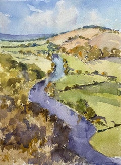 Britischer Impressionist Aquarell eines sich durch sanfte Hügel schlängelnden Flusses