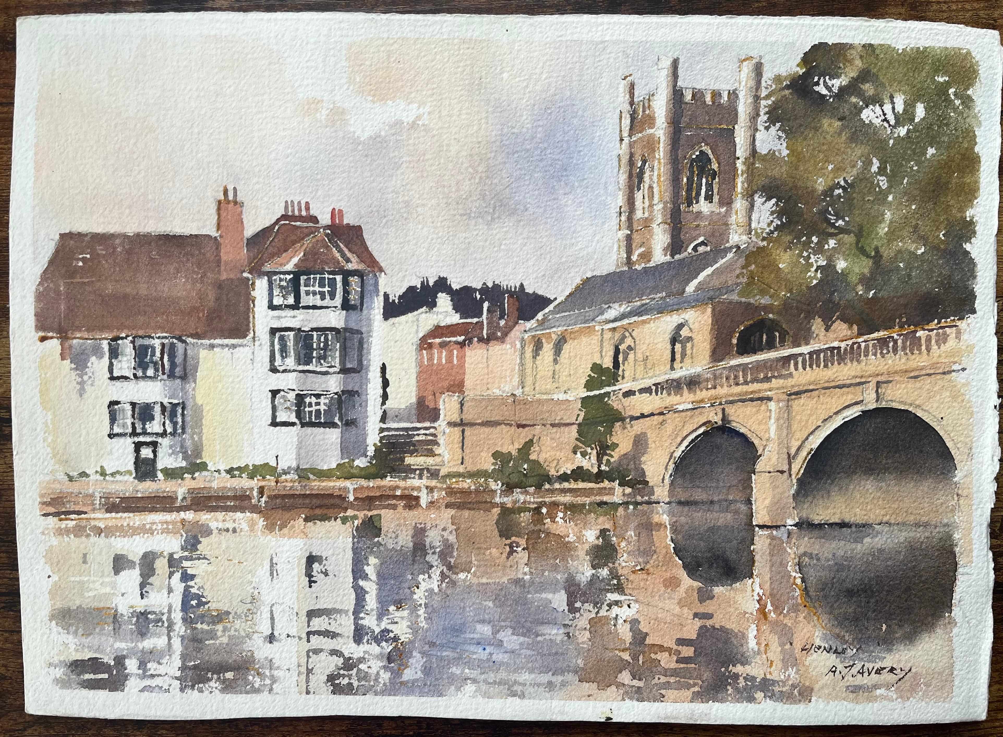 British Impressionist Watercolor of Riverside Buildings, a Church and Bridge - Painting by Anthony Avery