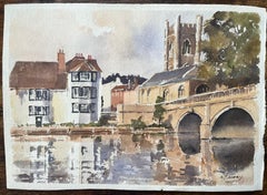 British Impressionist Watercolor of Riverside Buildings, a Church and Bridge