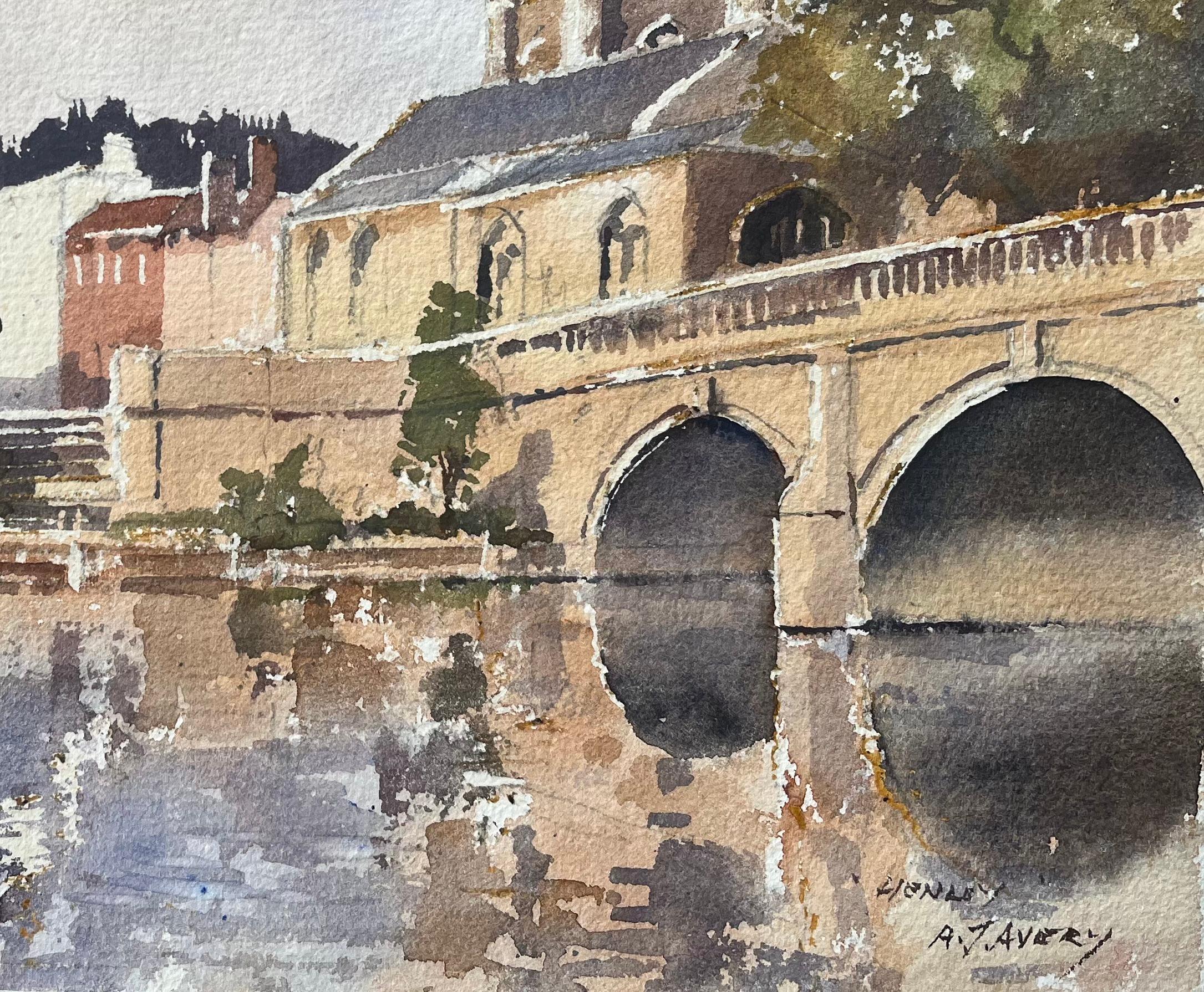 British Impressionist Watercolor of Riverside Buildings, a Church and Bridge - Gray Landscape Painting by Anthony Avery