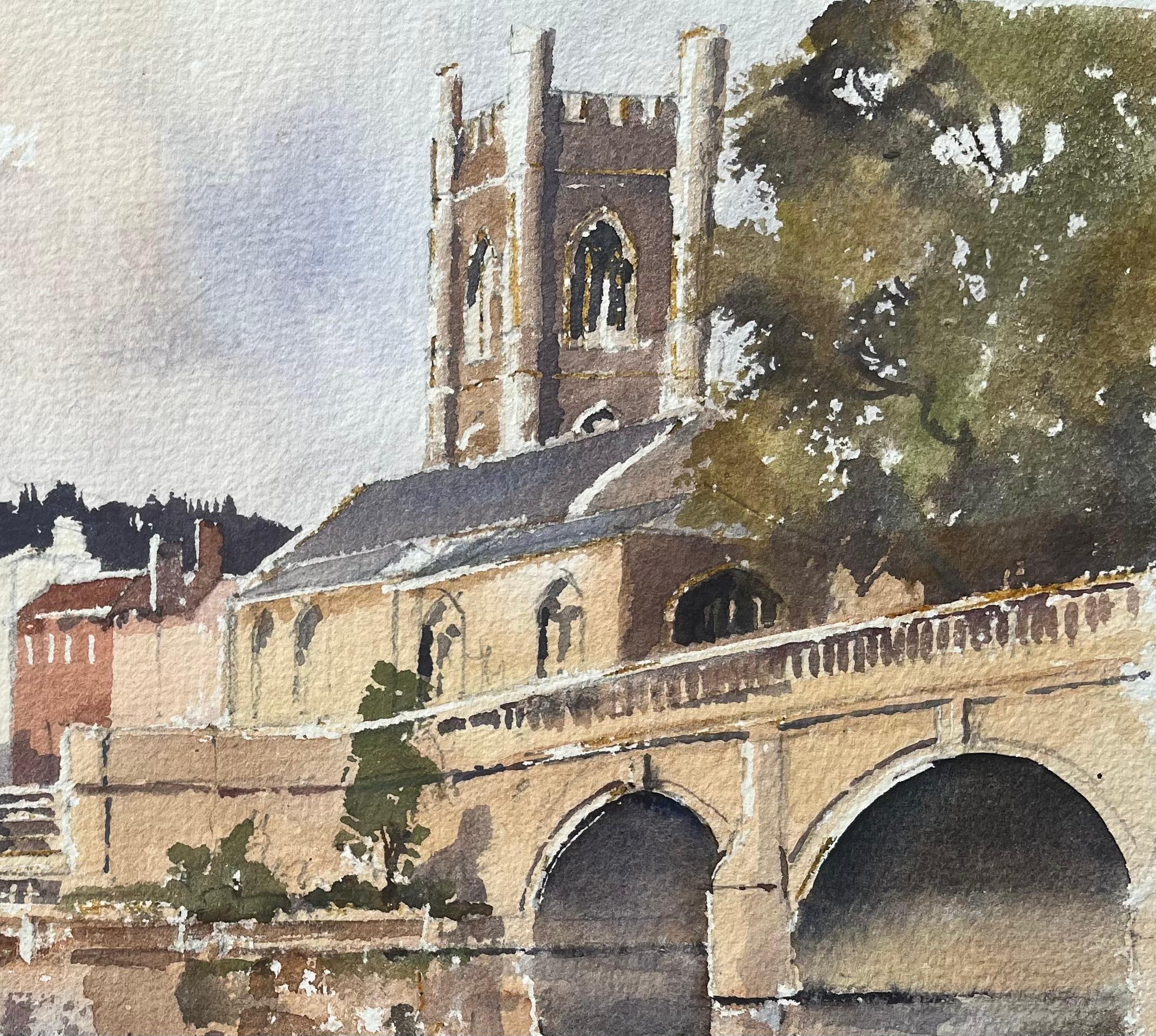 Title: British Impressionist Watercolor of Riverside Buildings, a Church and Bridge
by Anthony Avery (British 1946-2023)
Original watercolor on artists paper, unframed
Dimensions: 10.75 x 15.25 inches (Height x Width)
Signed: Yes
Condition: Good,