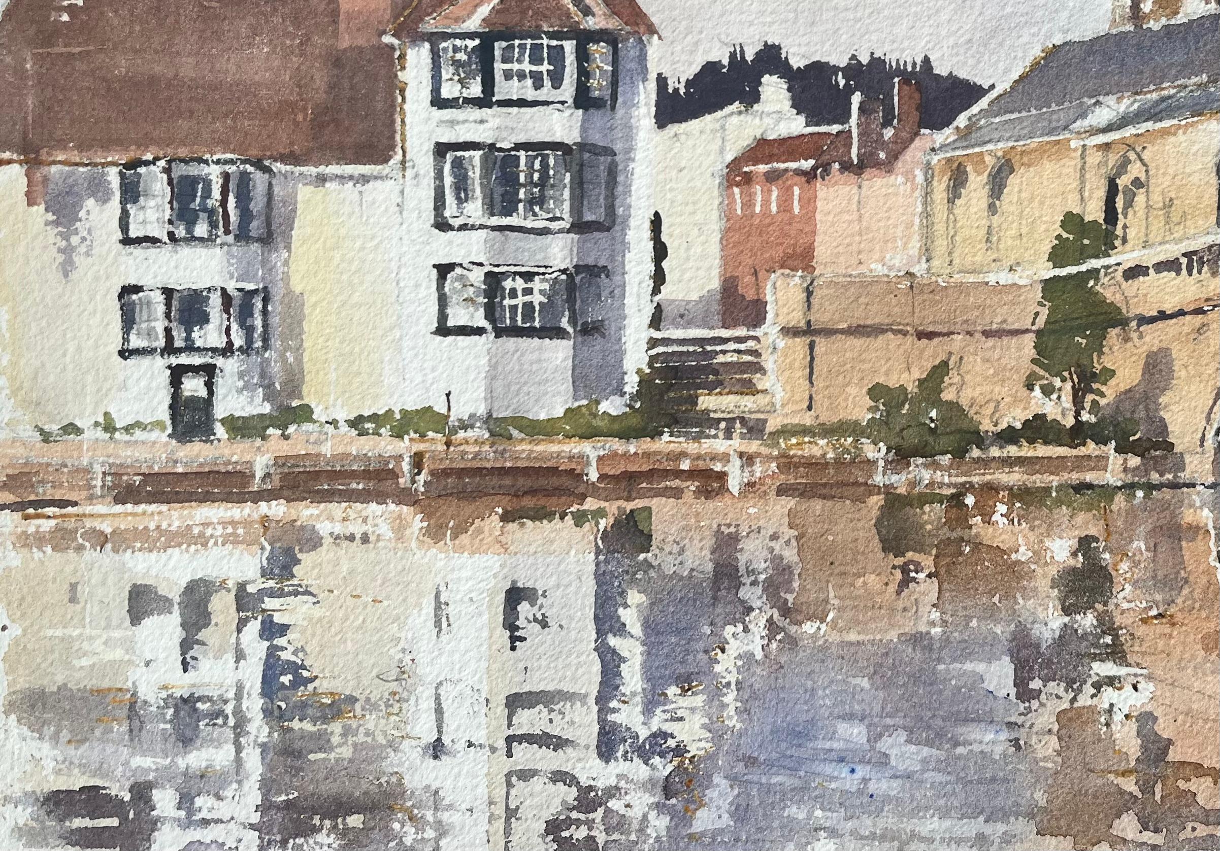 British Impressionist Watercolor of Riverside Buildings, a Church and Bridge For Sale 1
