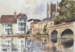 British Impressionist Watercolor of Riverside Buildings, a Church and Bridge