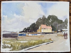 Acquerello impressionista britannico di un cottage sul lungofiume e di alcune imbarcazioni