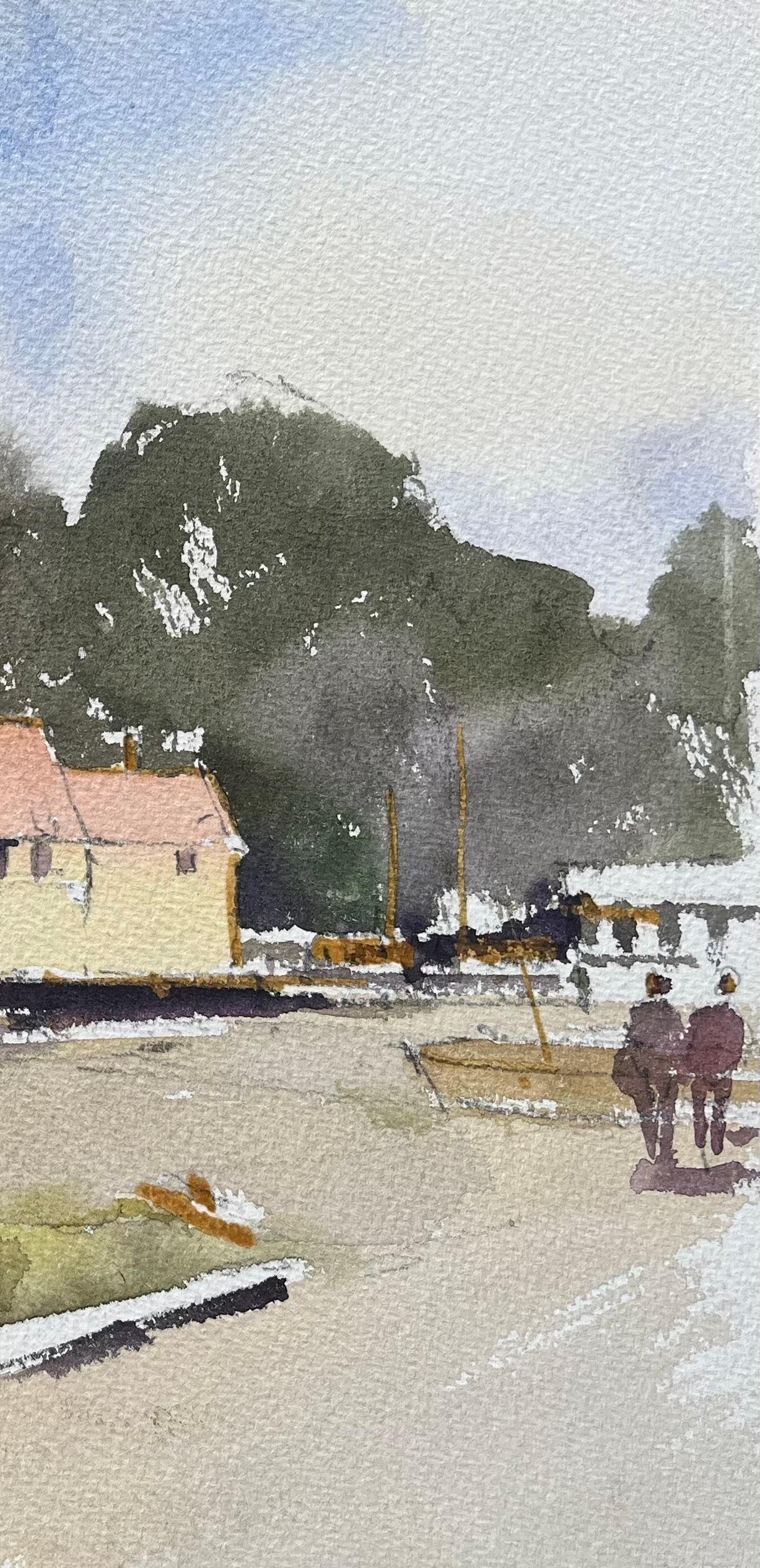 Britischer Impressionist Aquarell von Riverside Cottage und Boote (Impressionismus), Painting, von Anthony Avery