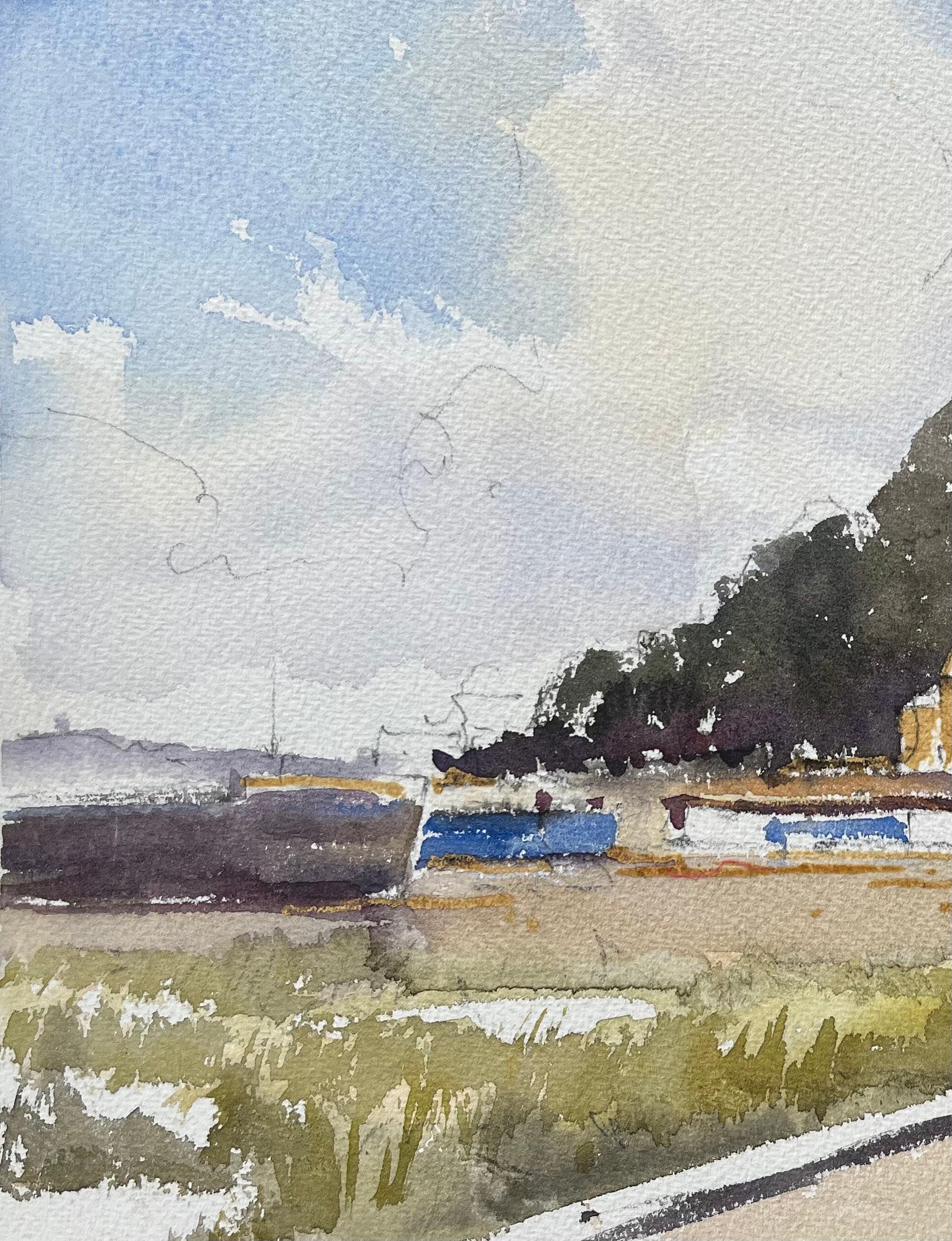 Titel: Britischer Impressionist Aquarell von Riverside Cottage und Booten
von Anthony Avery (Brite 1946-2023)
Original-Aquarell auf Künstlerpapier, ungerahmt
Abmessungen: 11,25 x 15,25 Zoll (Höhe x Breite)
Zustand: Gut, mit leichten