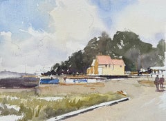 British Impressionist Watercolor of Riverside Cottage and Boats