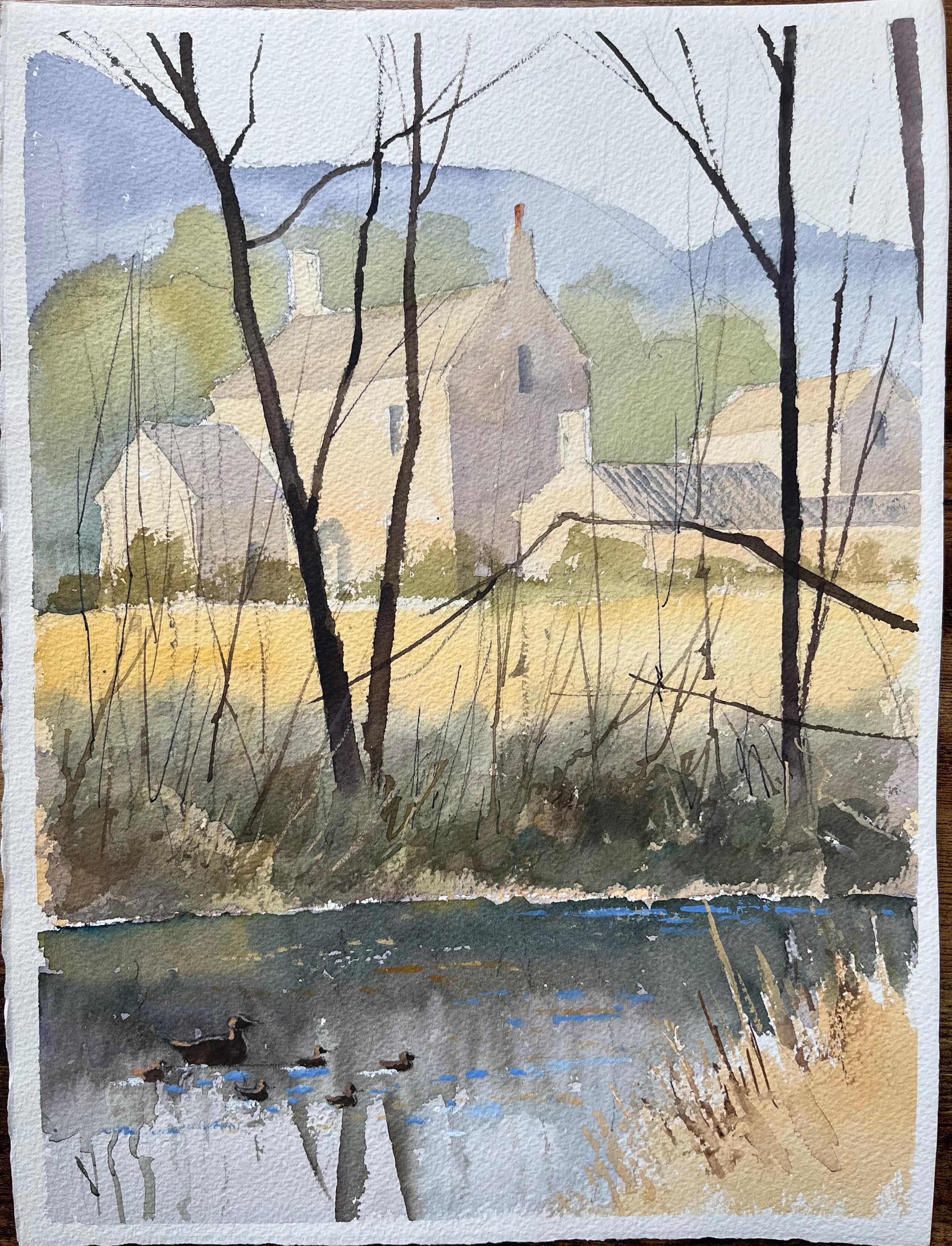Britisches impressionistisches Aquarell eines Flussufers mit Enten, British Impressionismus – Painting von Anthony Avery