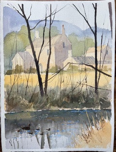 British Impressionist Watercolor of Riverside Cottage with Ducks