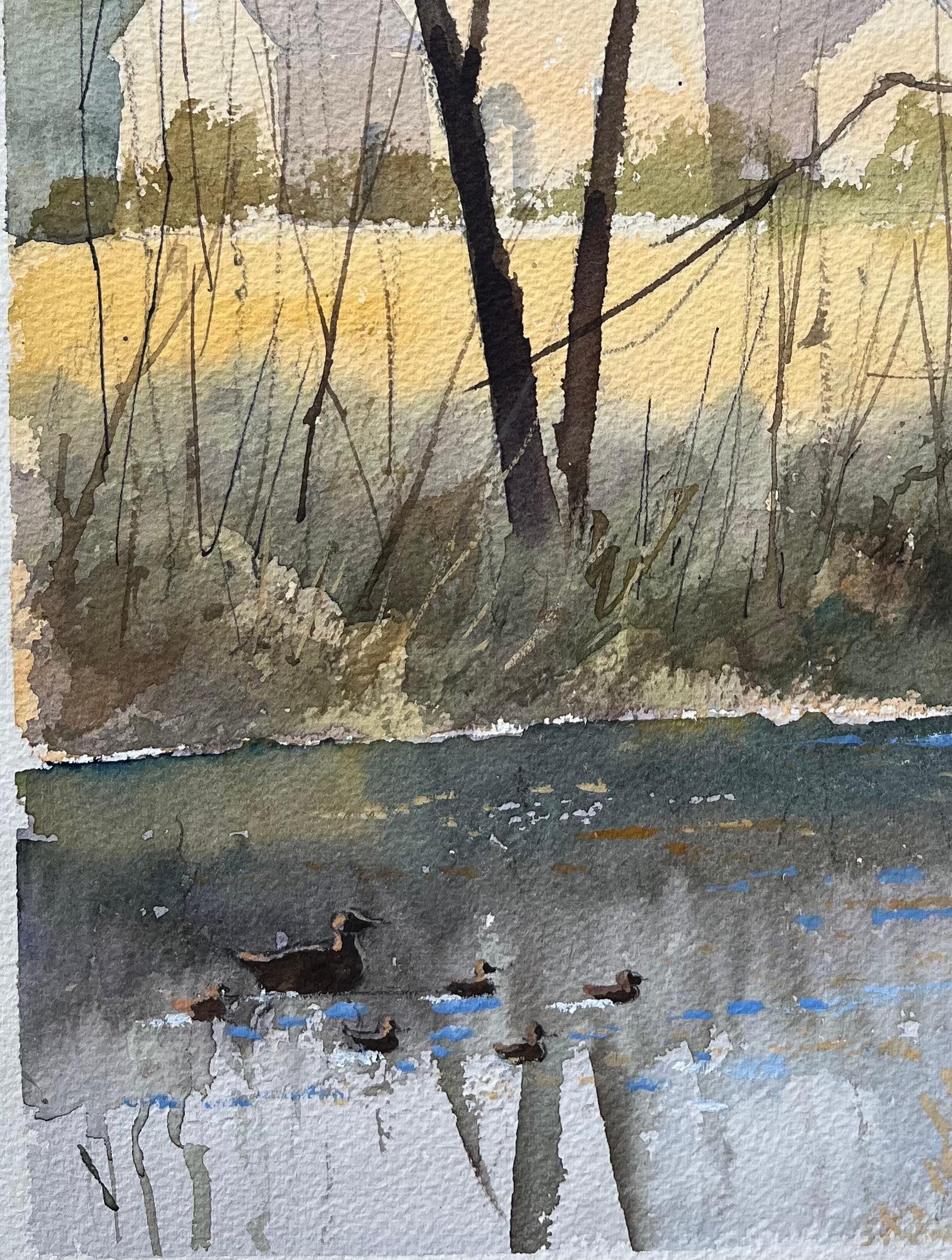 Britisches impressionistisches Aquarell eines Flussufers mit Enten, British Impressionismus (Grau), Landscape Painting, von Anthony Avery
