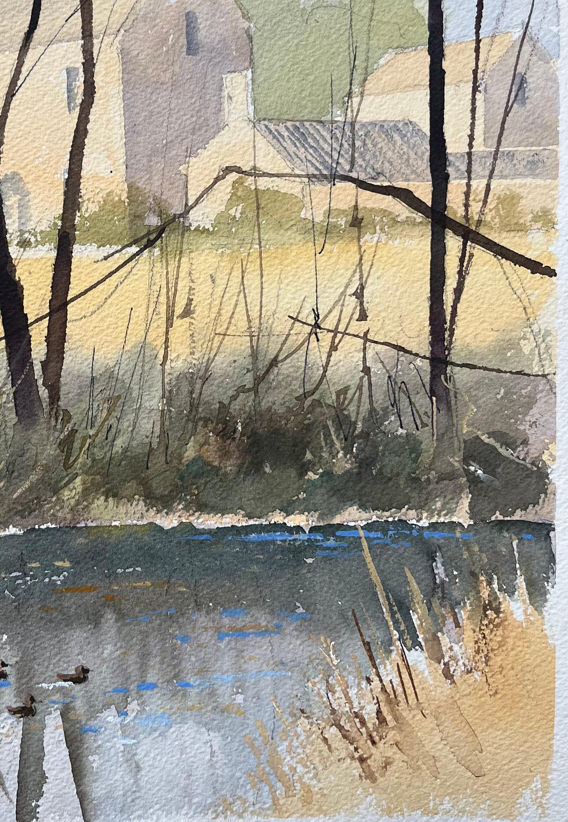 Britisches impressionistisches Aquarell eines Flussufers mit Enten, British Impressionismus im Angebot 2