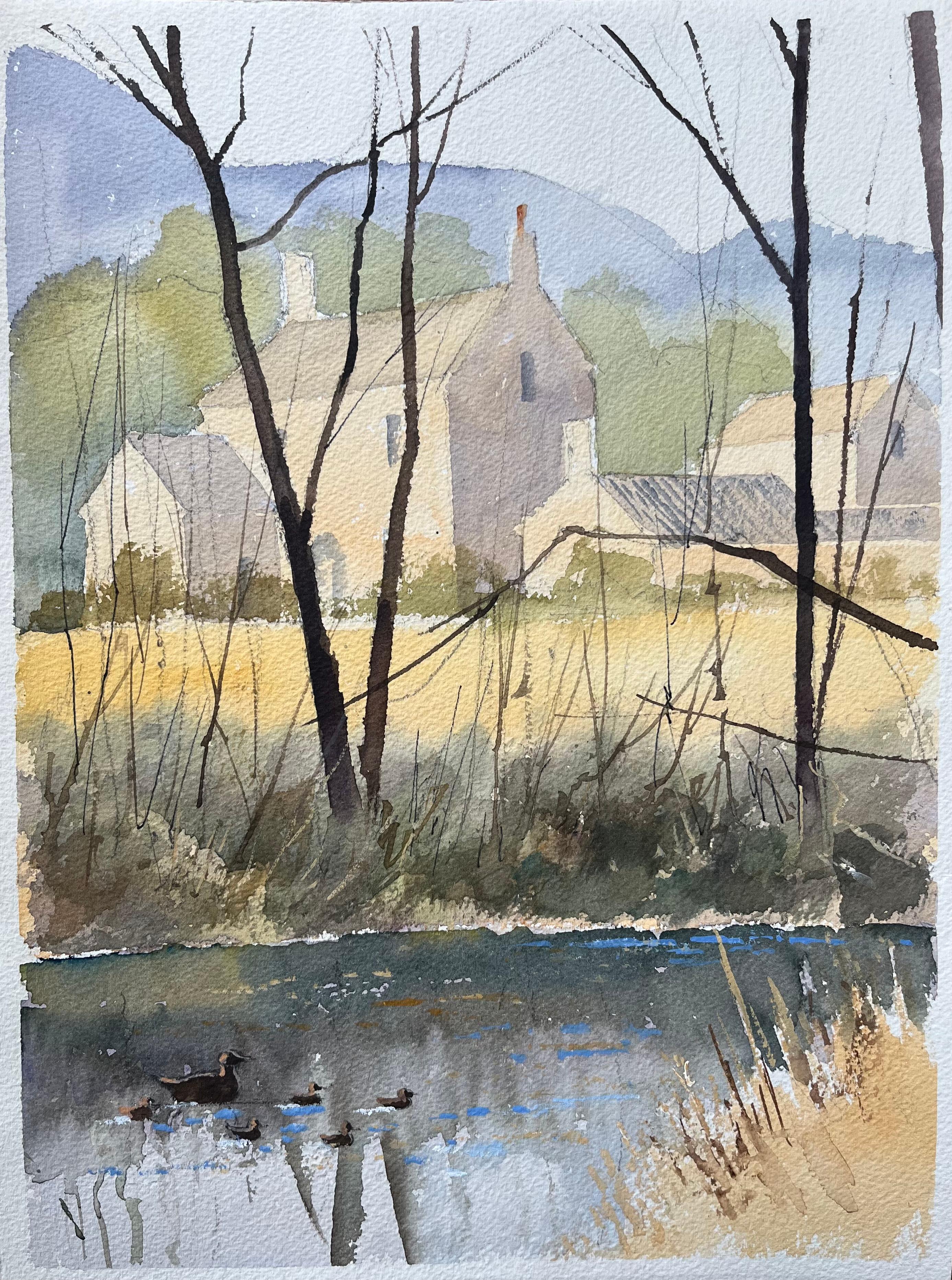 Britisches impressionistisches Aquarell eines Flussufers mit Enten, British Impressionismus