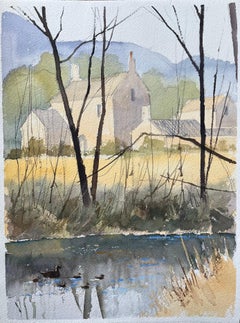 Acquerello impressionista britannico di un cottage sul fiume con anatre