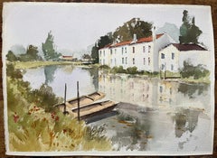 British Impressionist Watercolor of Riverside Cottages and Boats on the Bankside