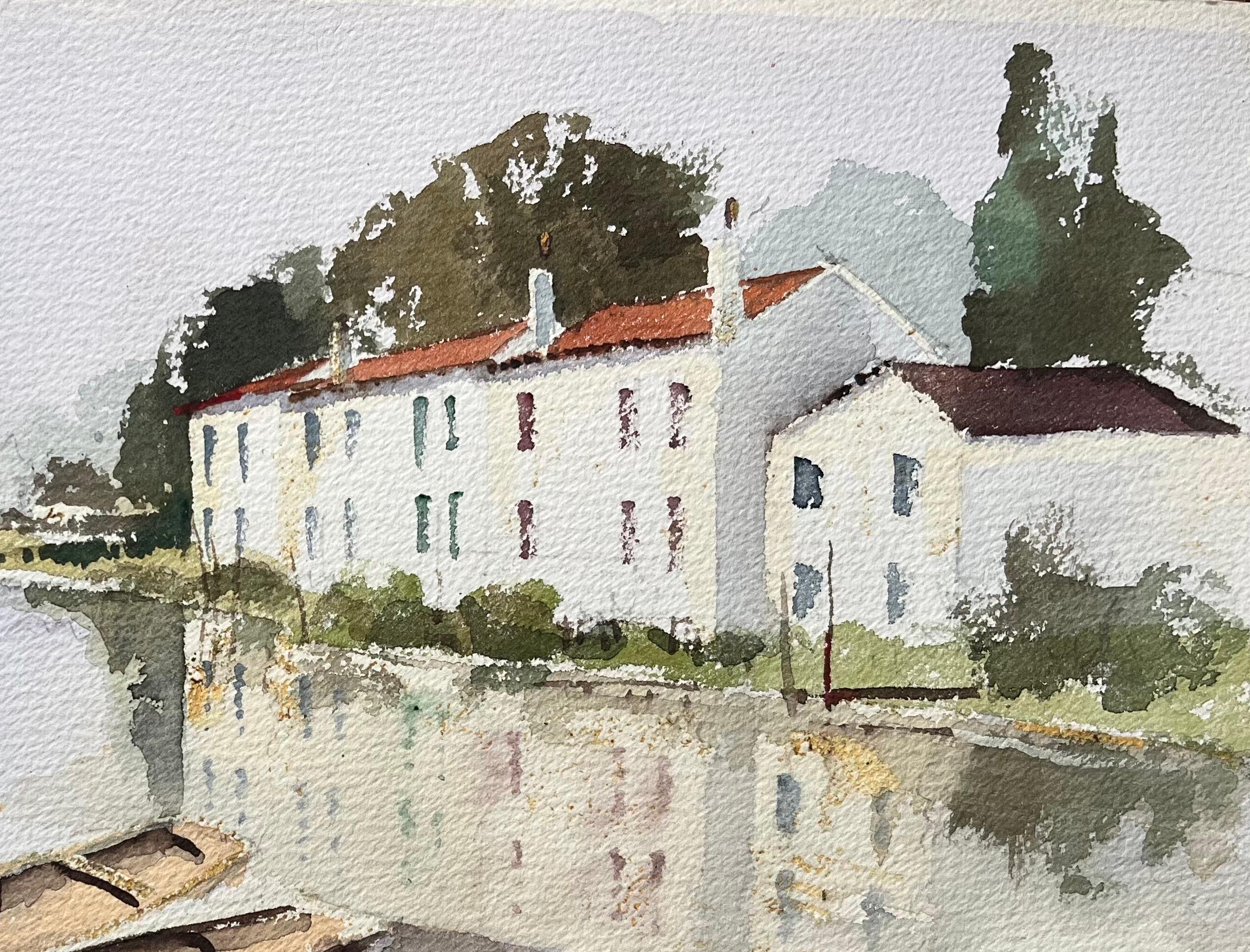 Britisches impressionistisches Aquarell von Flussufern und Booten auf der Bankside, British Impressionismus (Beige), Landscape Painting, von Anthony Avery