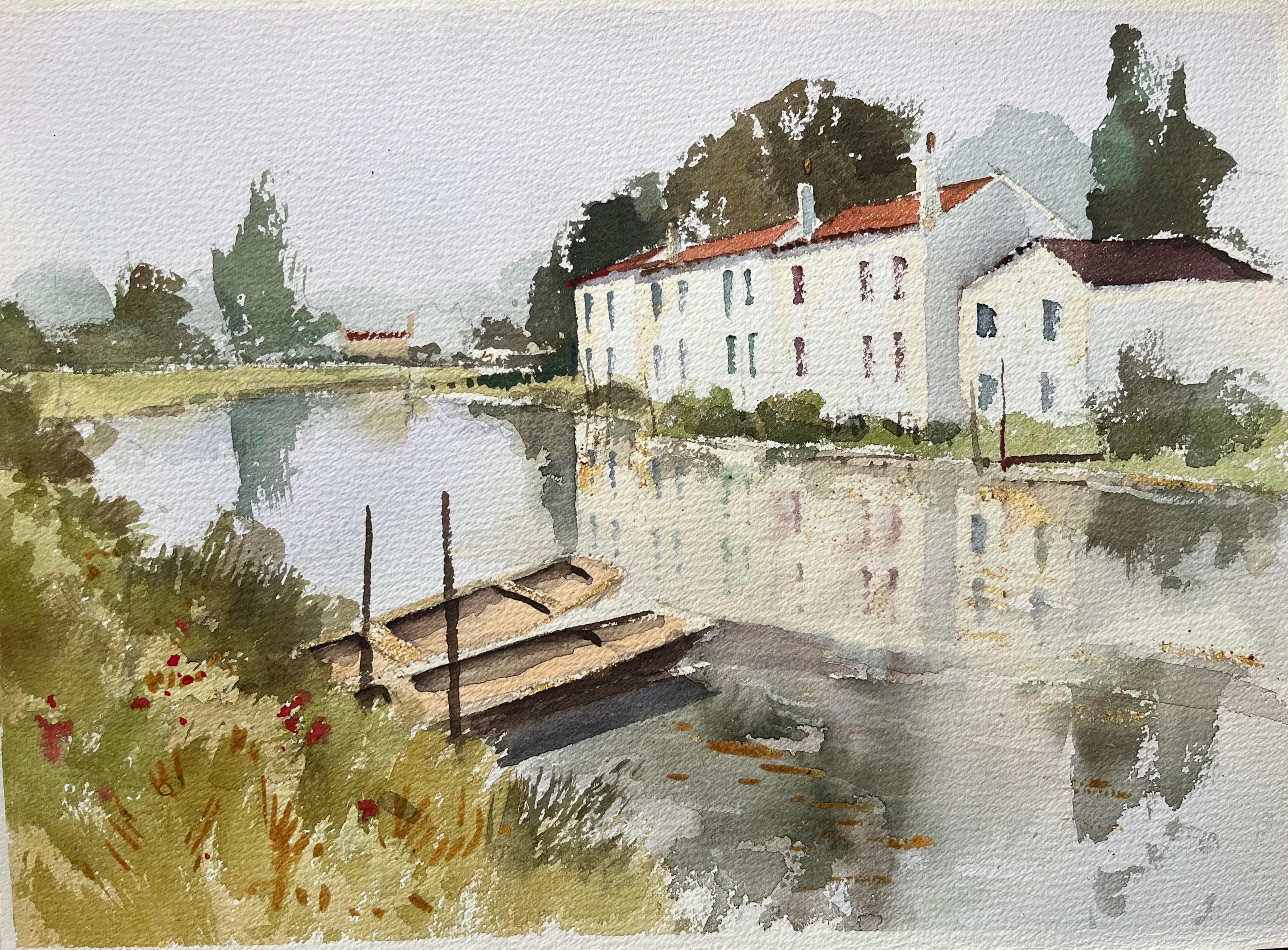 Britisches impressionistisches Aquarell von Flussufern und Booten auf der Bankside, British Impressionismus