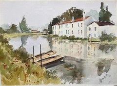 British Impressionist Watercolor of Riverside Cottages and Boats on the Bankside