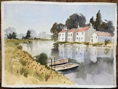 Acquerello impressionista britannico di cottage lungo il fiume con barche