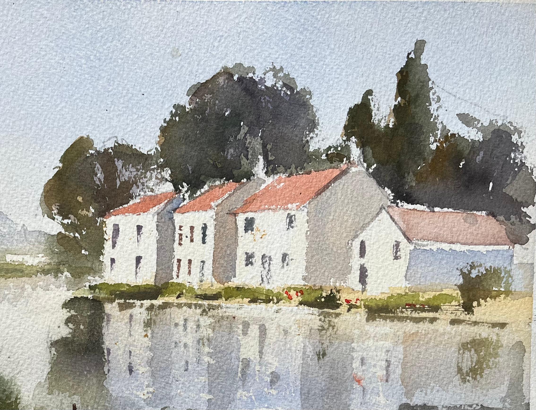 Acuarela impresionista británica de casitas ribereñas con barcas - Painting Impresionista de Anthony Avery