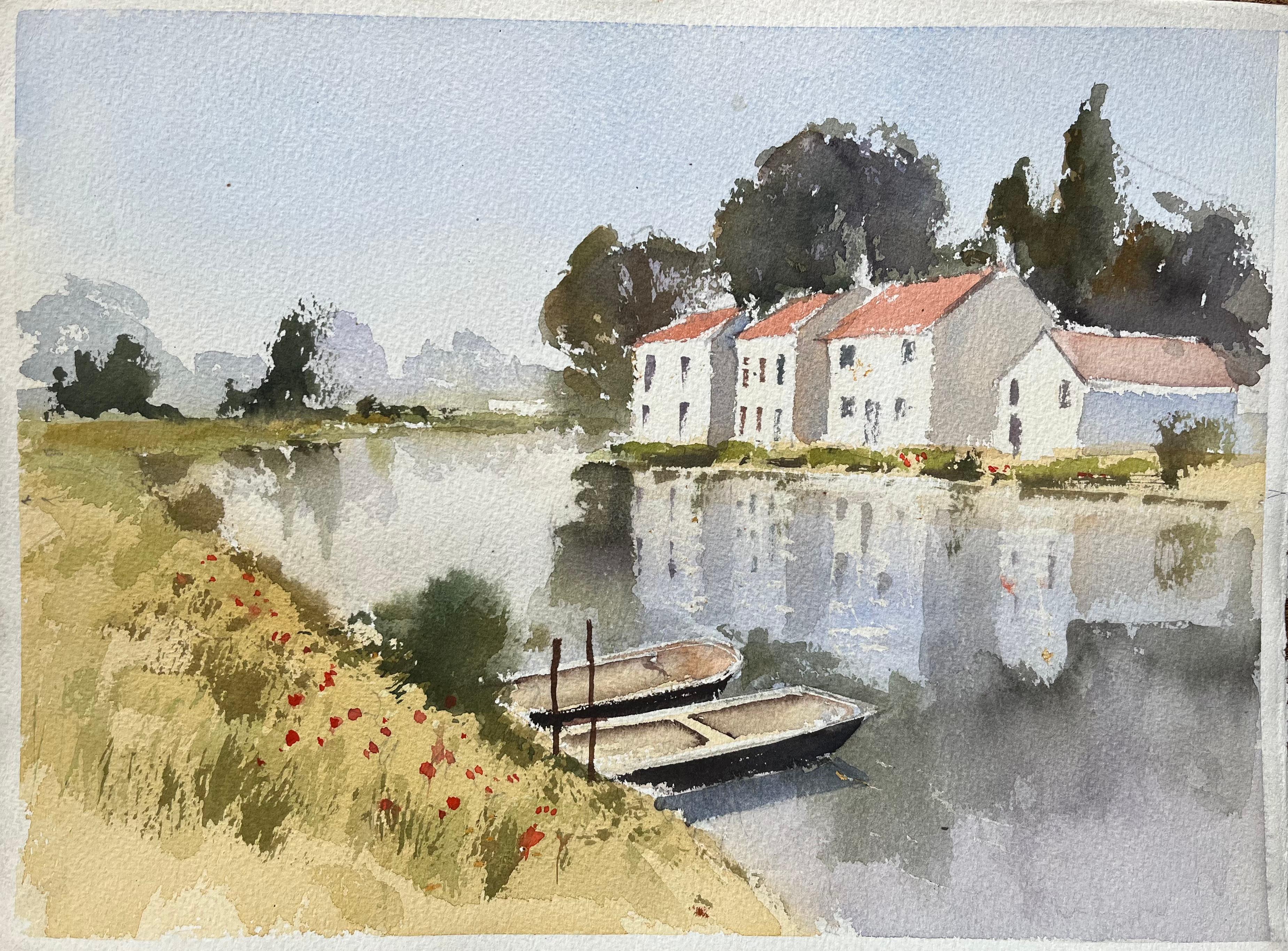 Landscape Painting de Anthony Avery - Acuarela impresionista británica de casitas ribereñas con barcas