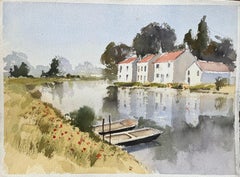 British Impressionist Watercolor of Riverside Cottages with Boats