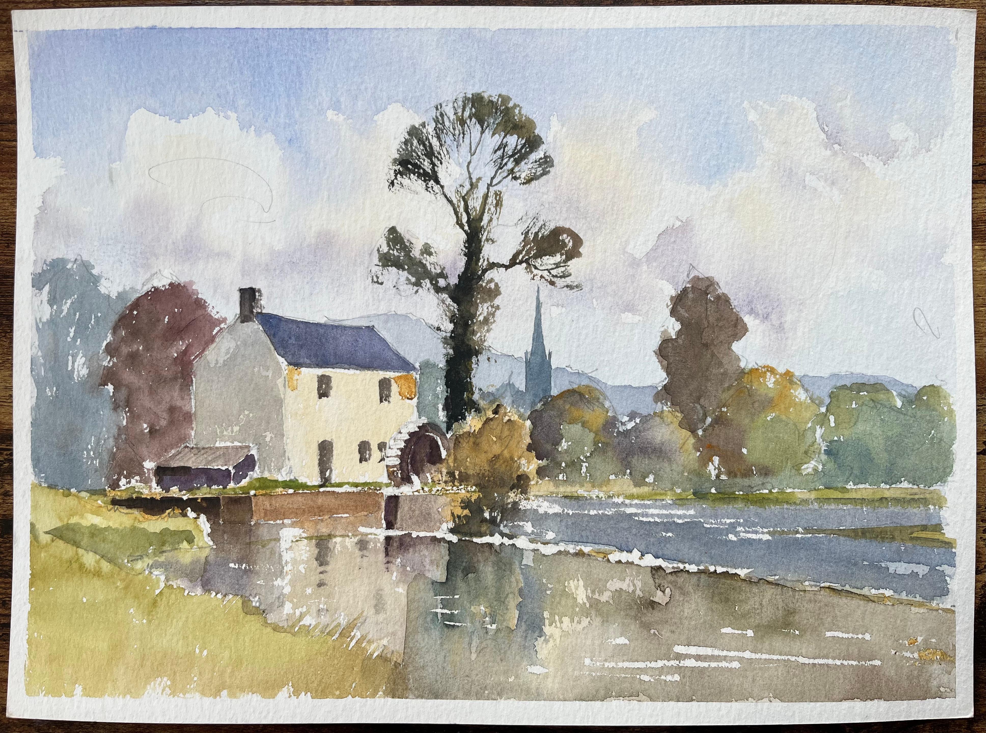 Aquarelle impressionniste britannique représentant un moulin riverain et un paysage de campagne - Painting de Anthony Avery