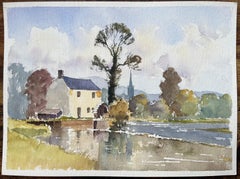 Acquerello impressionista britannico di un mulino sul fiume e di un paesaggio di campagna