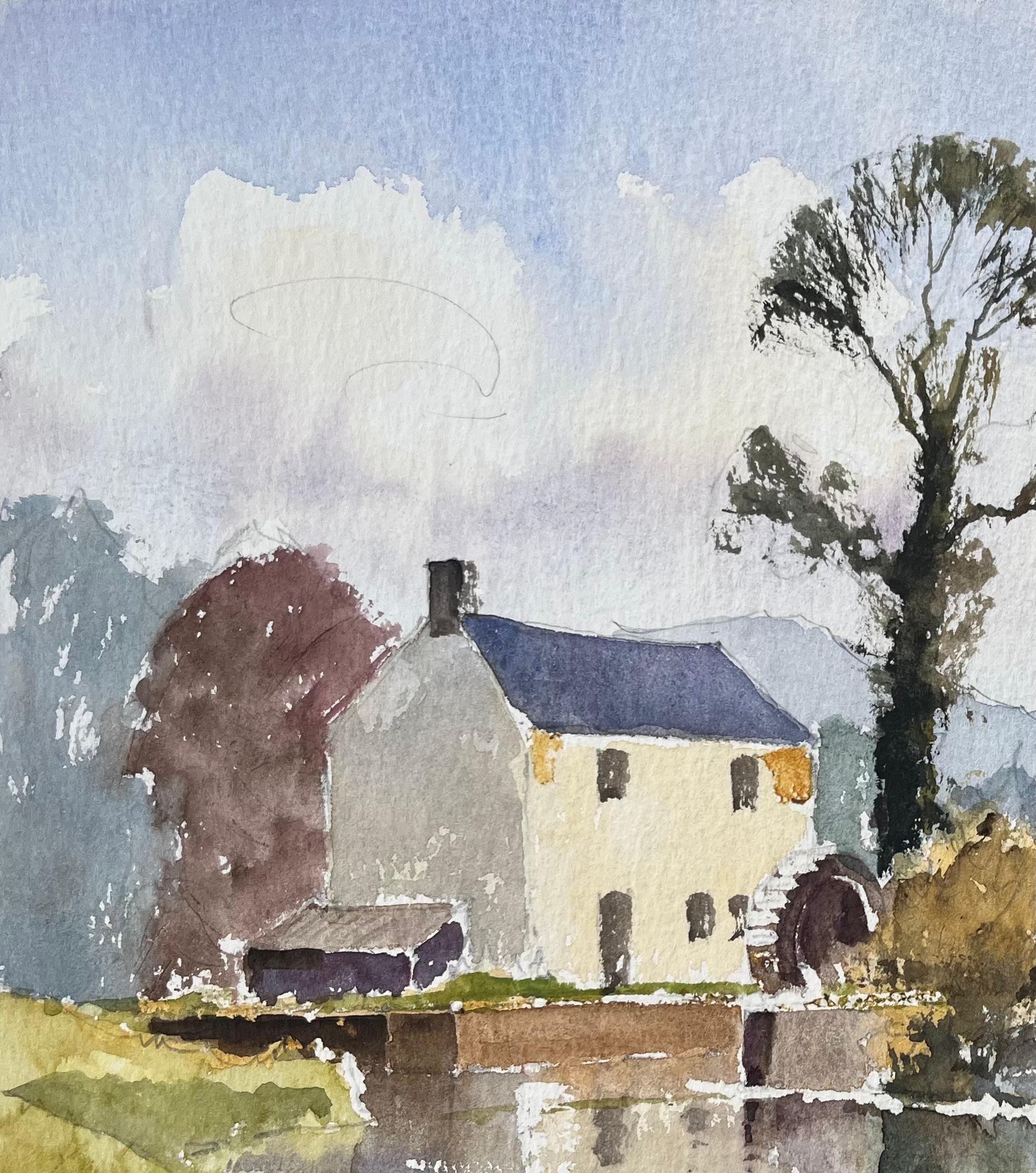 Aquarelle impressionniste britannique représentant un moulin riverain et un paysage de campagne - Impressionnisme Painting par Anthony Avery