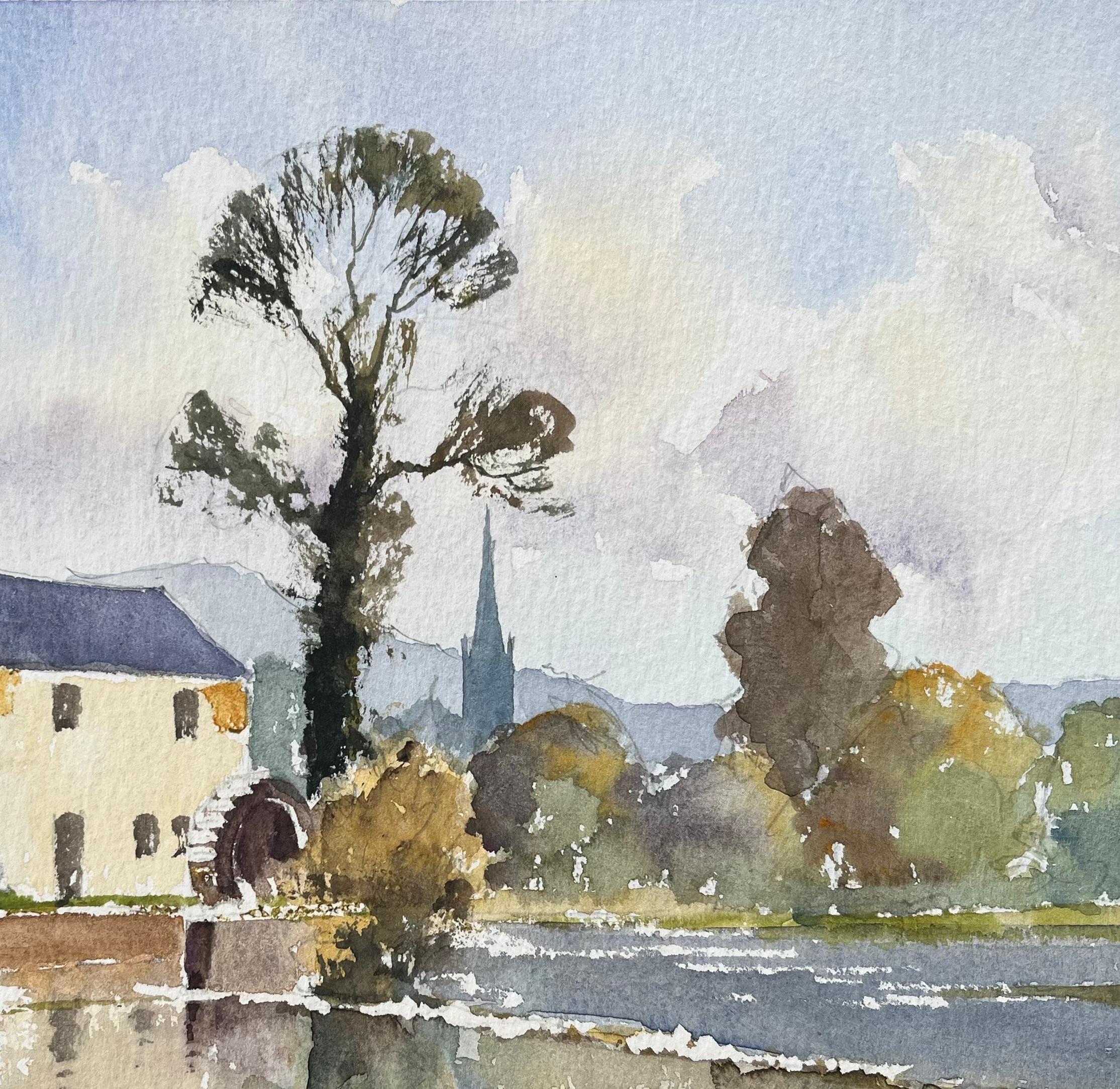 Aquarelle impressionniste britannique représentant un moulin riverain et un paysage de campagne - Gris Landscape Painting par Anthony Avery