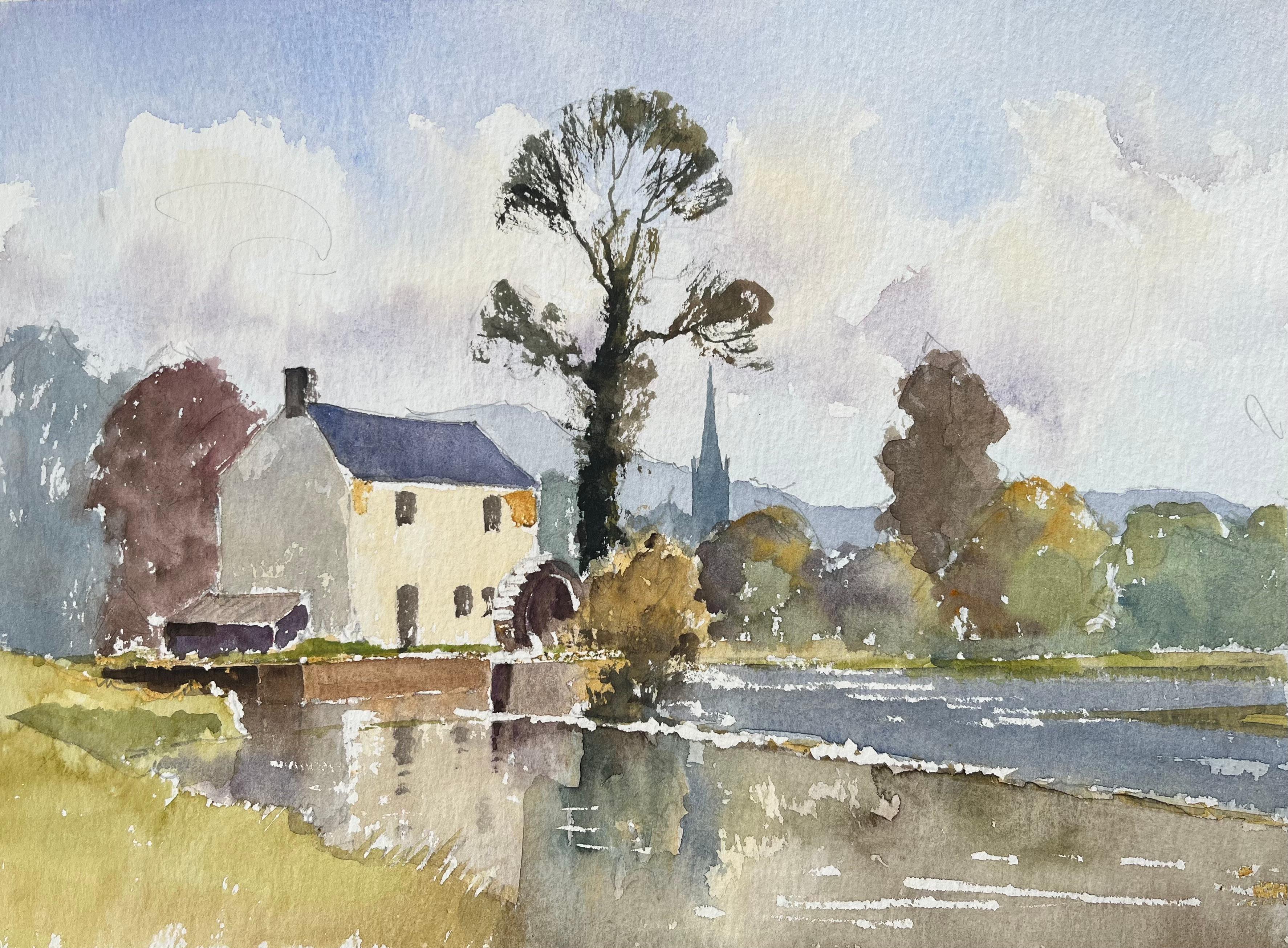 Britischer Impressionist Aquarell von Riverside Mill und Landschaft