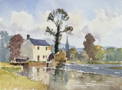 Britischer Impressionist Aquarell von Riverside Mill und Landschaft