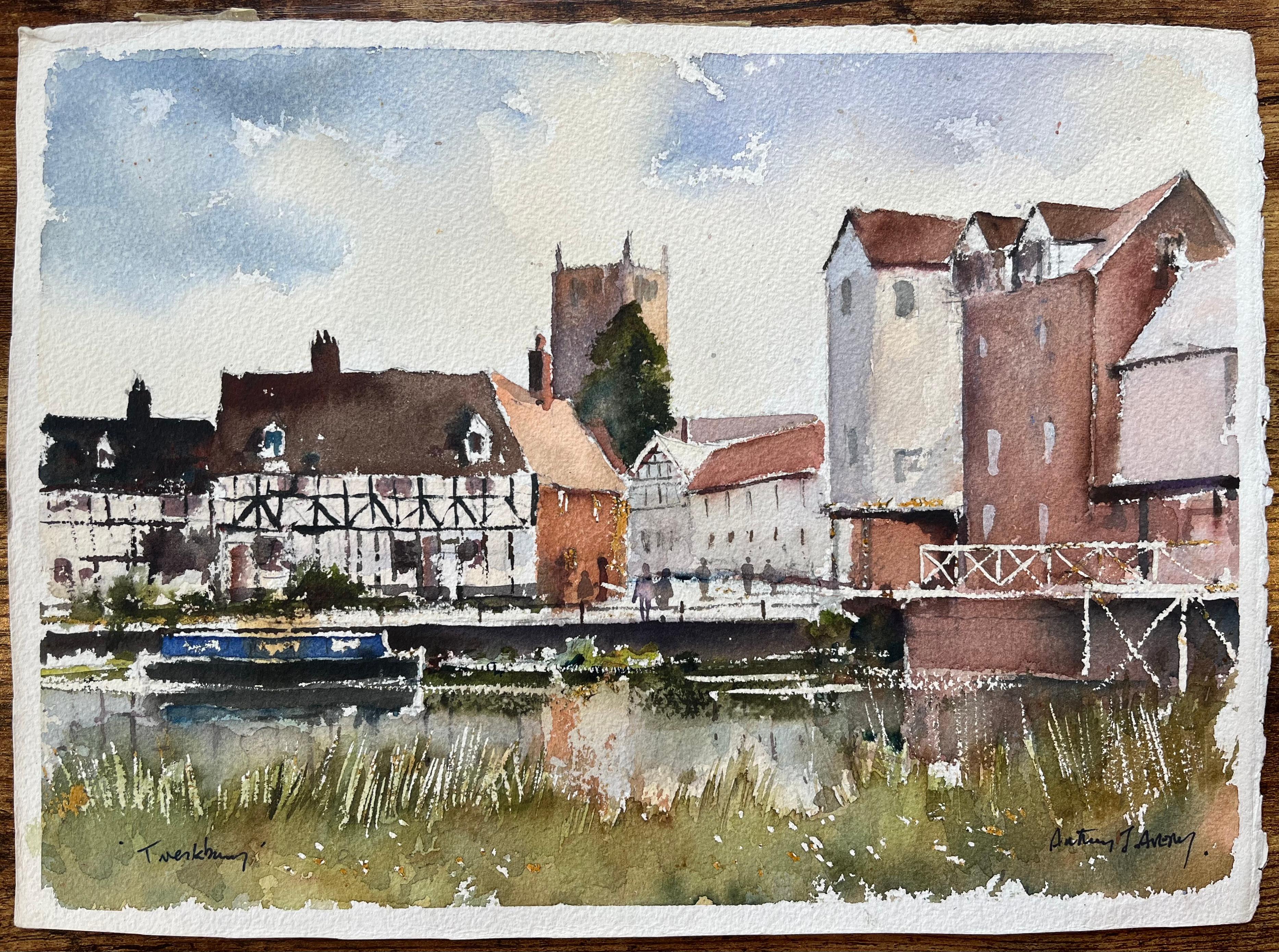 Aquarelle impressionniste britannique d'une scène de bord de rivière de Tewkesbury - Painting de Anthony Avery