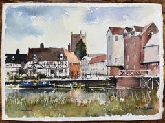 British Impressionist Watercolor of Riverside Scene of Tewkesbury