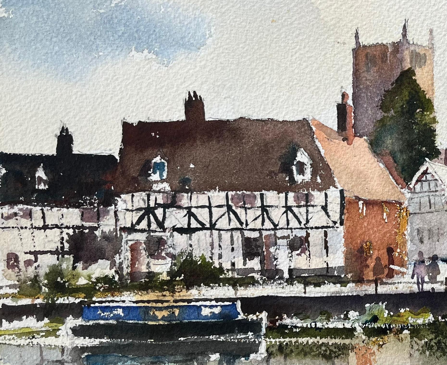 Aquarelle impressionniste britannique d'une scène de bord de rivière de Tewkesbury - Impressionnisme Painting par Anthony Avery