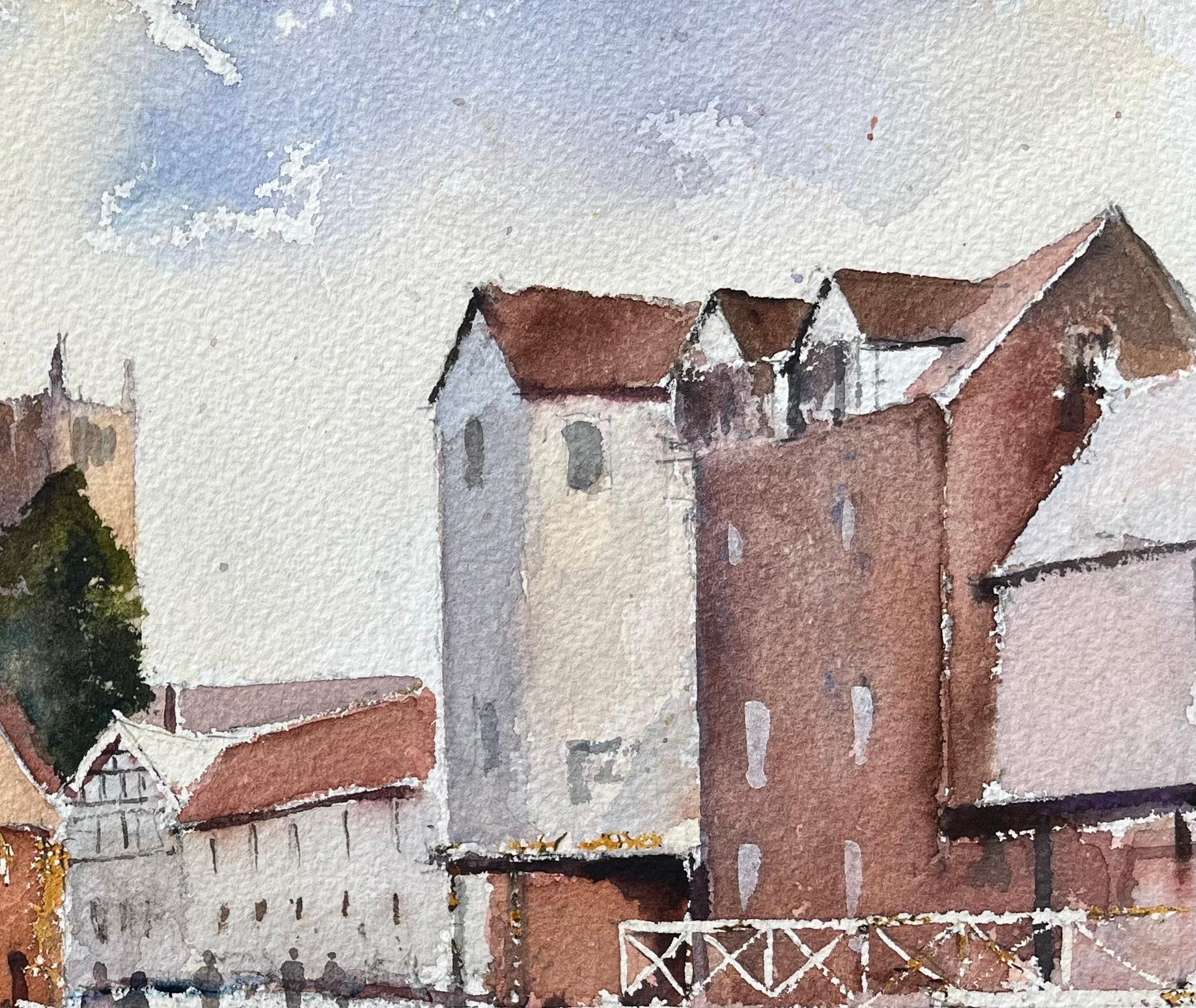 Aquarelle impressionniste britannique d'une scène de bord de rivière de Tewkesbury - Gris Landscape Painting par Anthony Avery