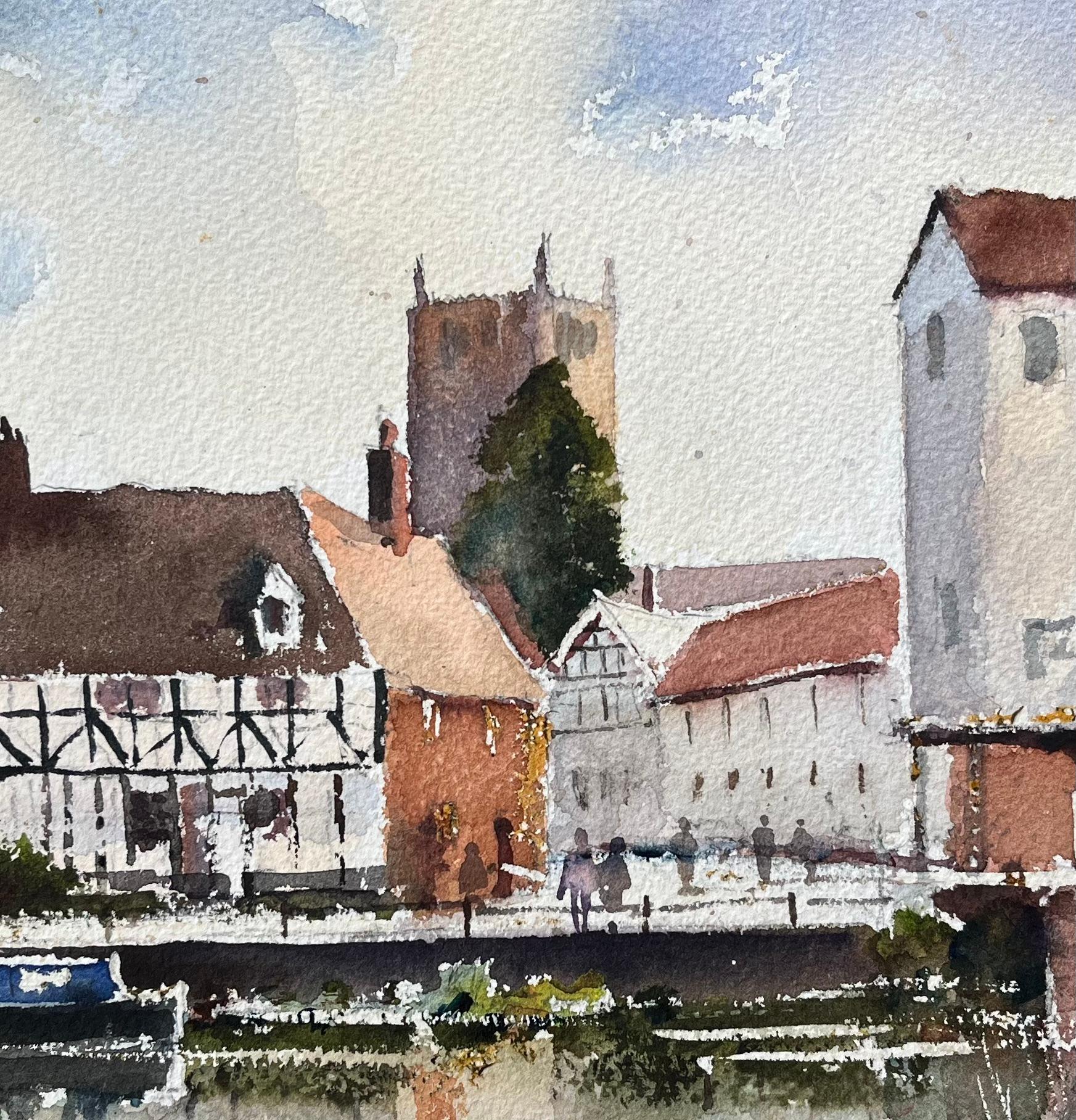Aquarelle impressionniste britannique d'une scène de bord de rivière de Tewkesbury en vente 1