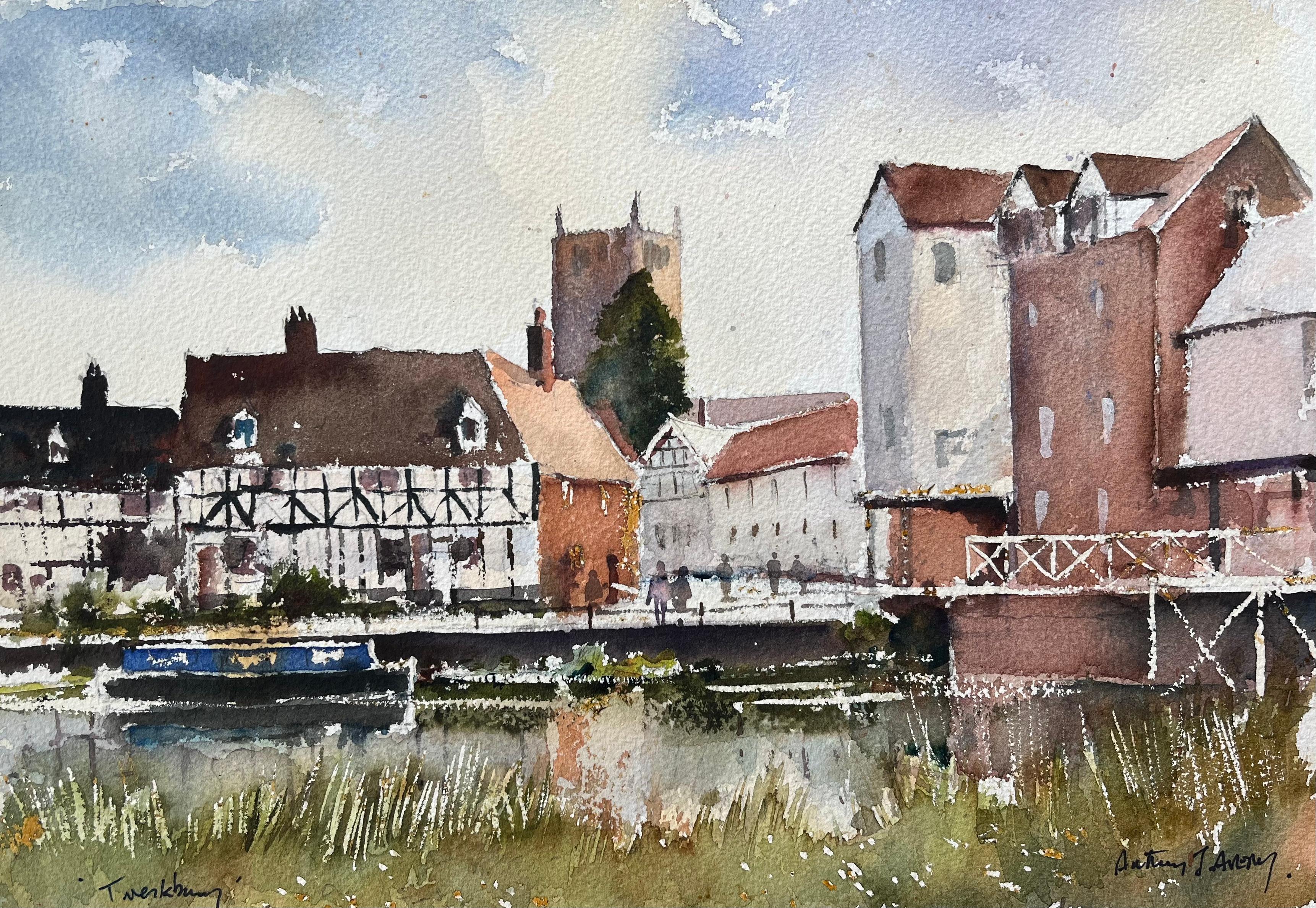 Britisches impressionistisches Aquarell der Fluss-Szene von Tewkesbury, British Impressionist