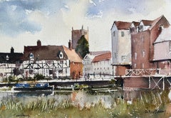 Aquarelle impressionniste britannique d'une scène de bord de rivière de Tewkesbury