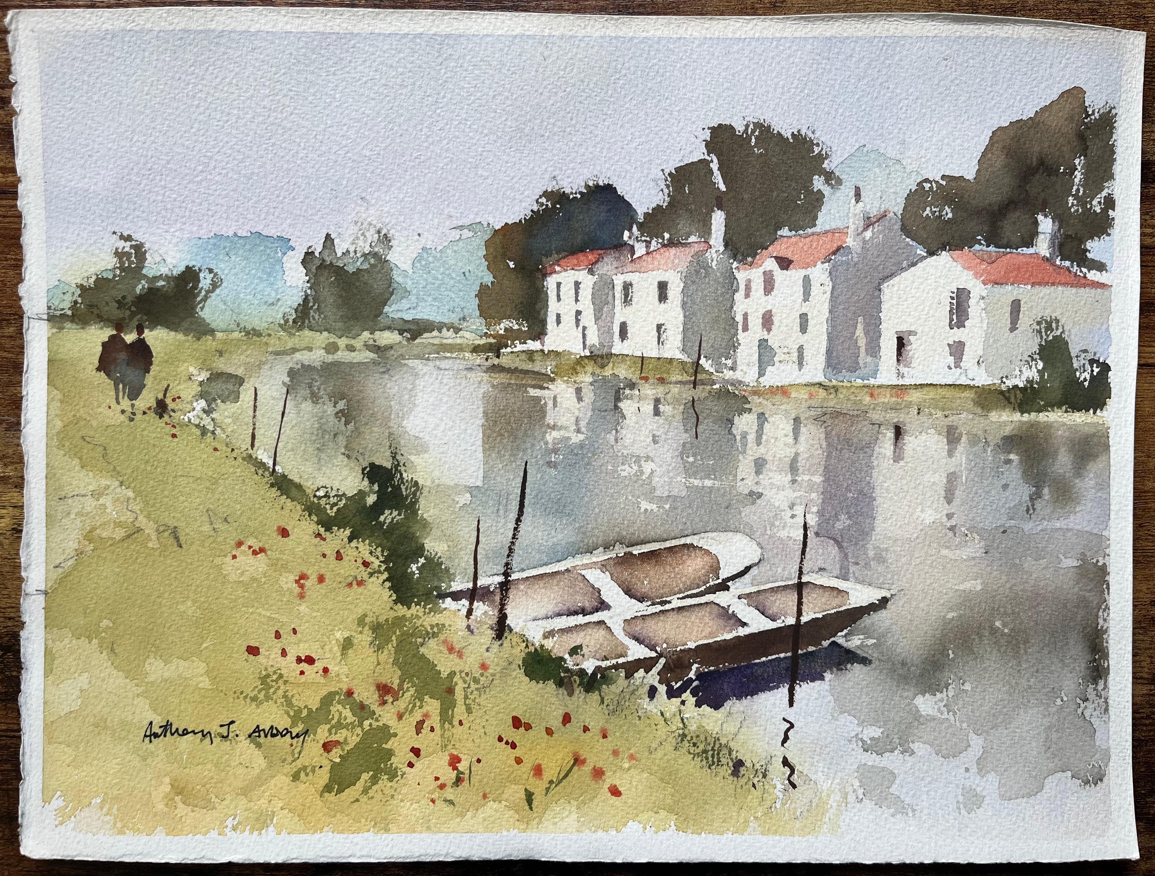 Acuarela impresionista británica de escena ribereña con barcos y casas - Painting de Anthony Avery