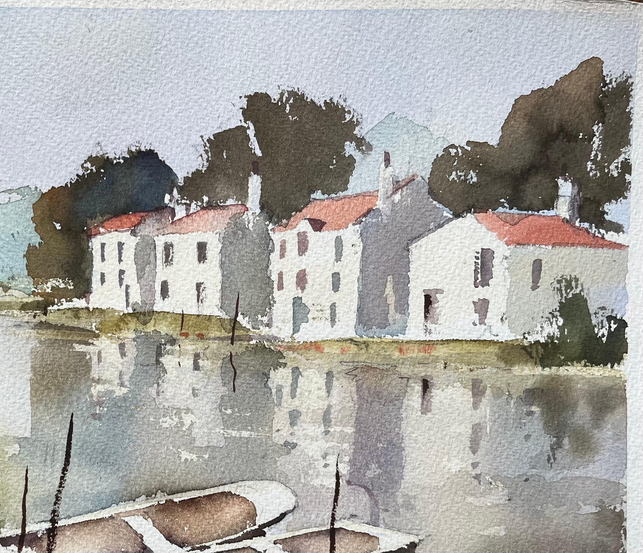 Acuarela impresionista británica de escena ribereña con barcos y casas - Painting Impresionista de Anthony Avery