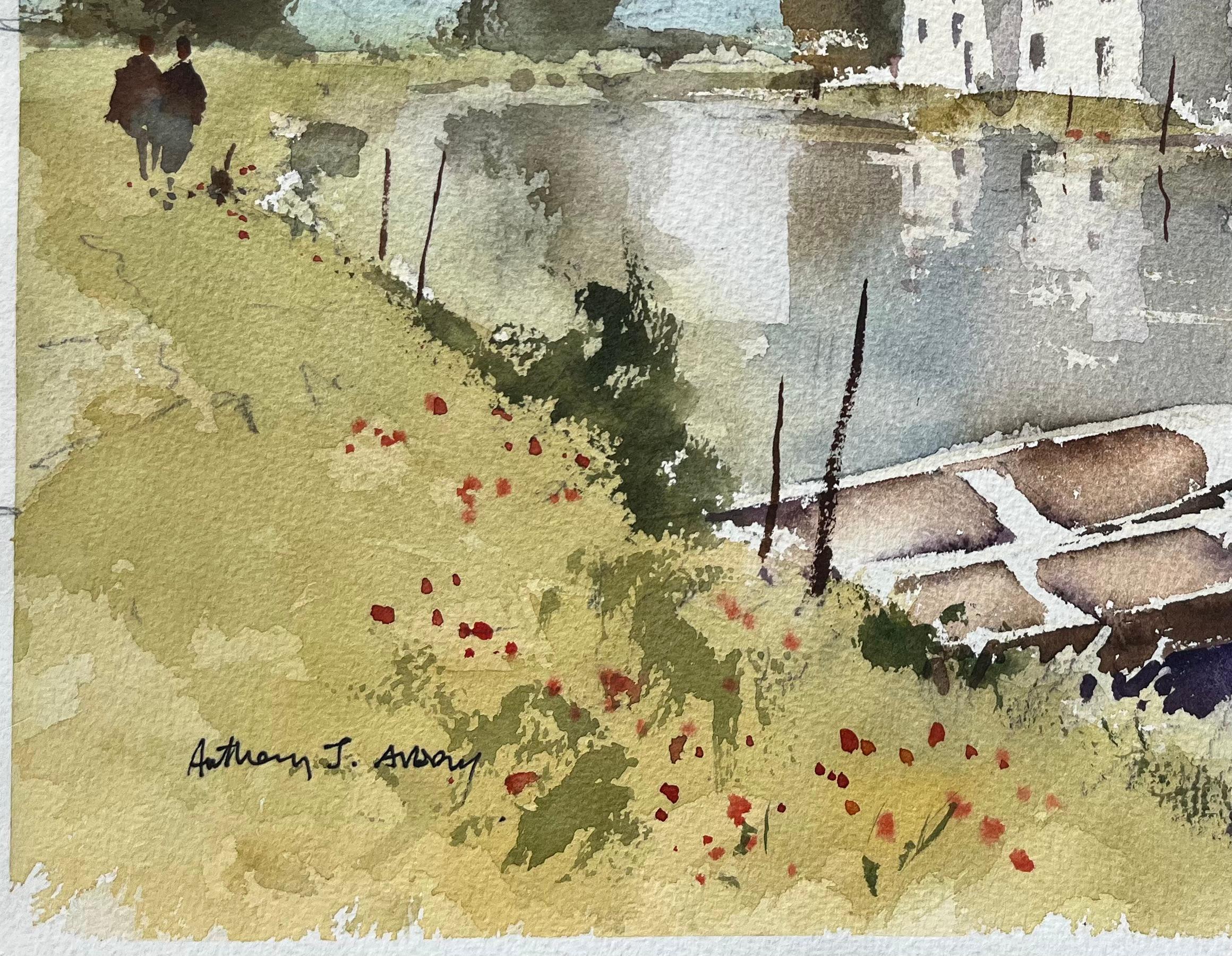 Título: Acuarela impresionista británica de escena ribereña con barcos y casas
Por Anthony Avery (británico 1946-2023)
Acuarela original sobre papel de artista, sin enmarcar
Firmado: Sí
Dimensiones: 11,25 x 15,25 pulgadas (Alto x Ancho)
Estado: