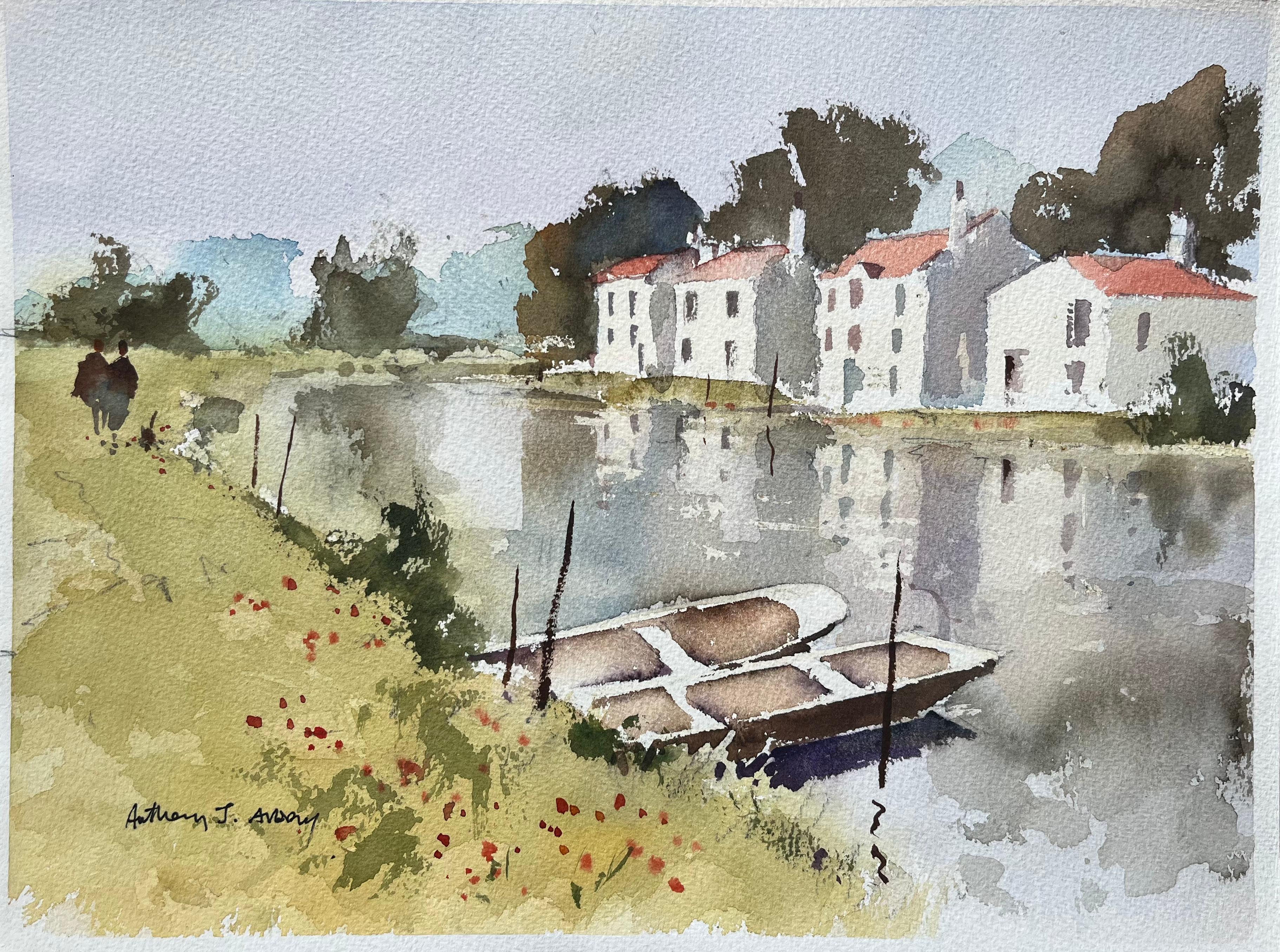Landscape Painting de Anthony Avery - Acuarela impresionista británica de escena ribereña con barcos y casas
