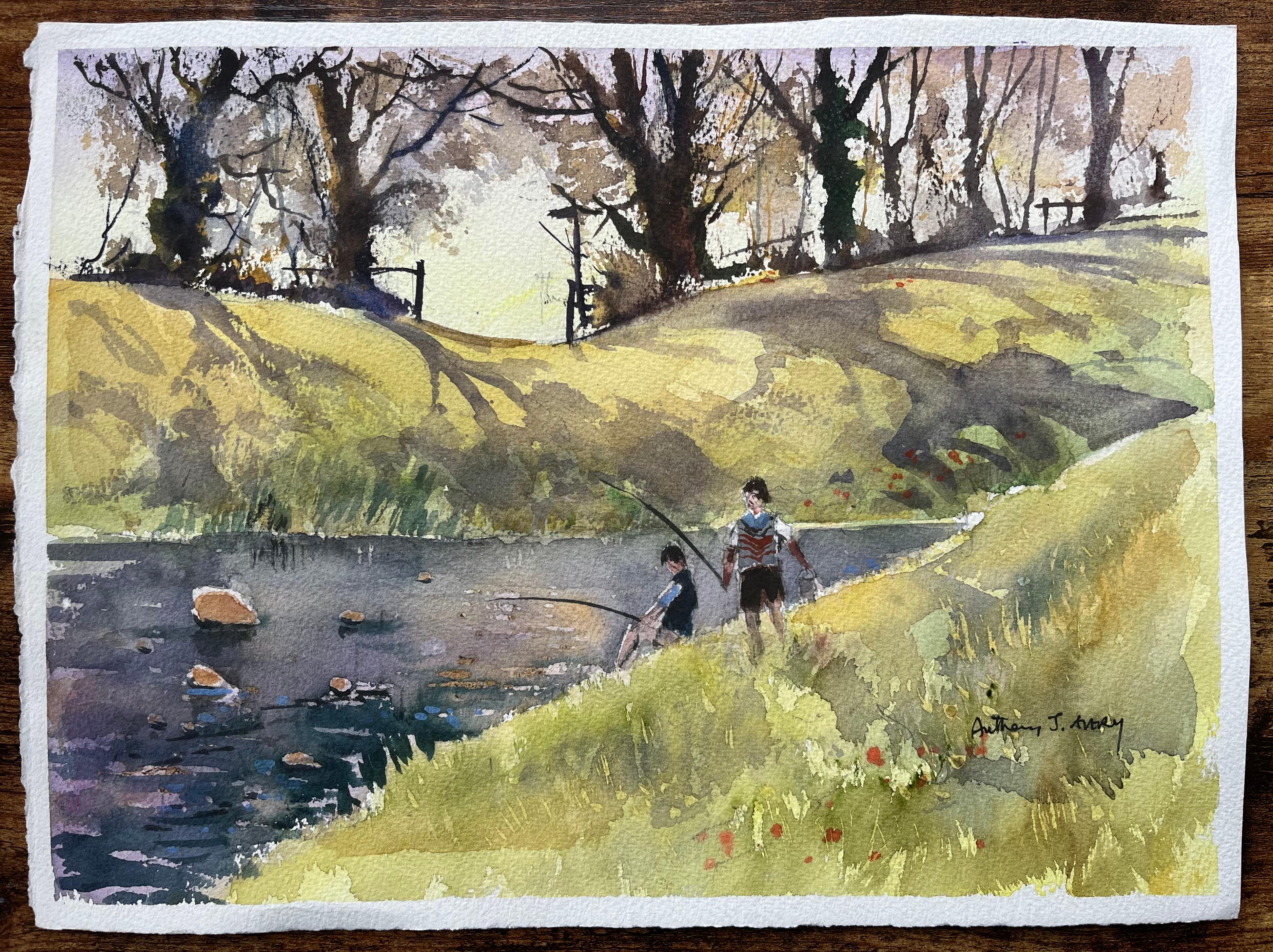 Britisches impressionistisches Aquarell mit Fluss-Szene mit Kindern beim Fischen – Painting von Anthony Avery